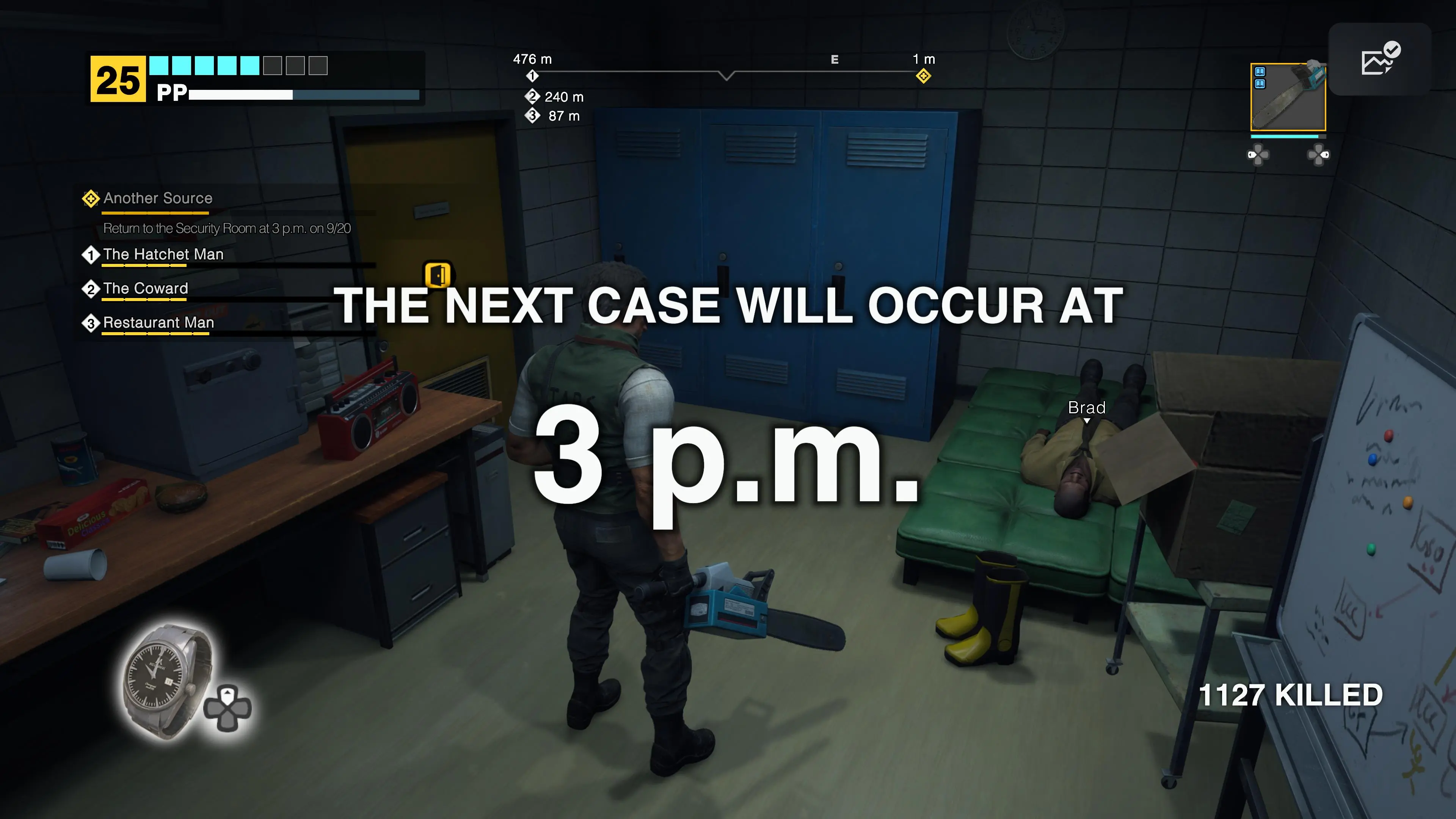 Frank stands in the security room while on-screen text reads "The Next Case Will Occur At 3 p.m."