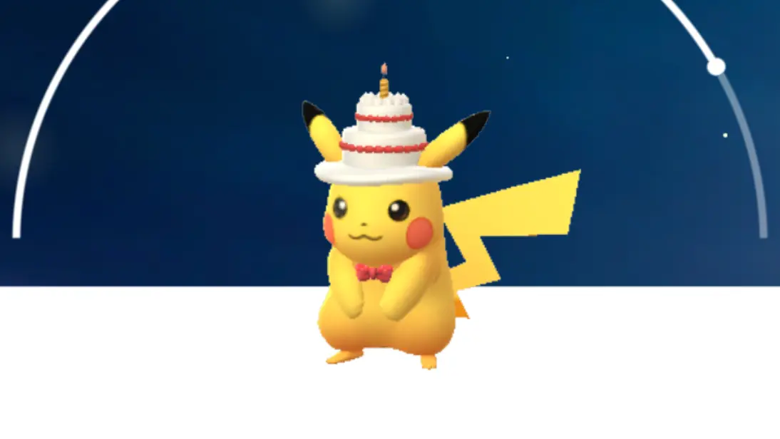 Male Pikachu wearing a cat hat in Pokemon Go