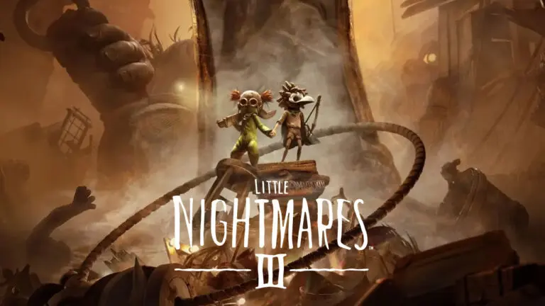 Little Nightmares III keyart, featuring two characters standing atop a toppled stool and table, a hand reaches for them out of the mist.