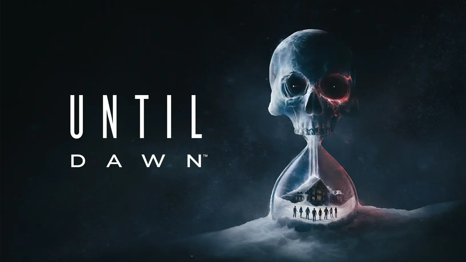 The white Until Dawn logo to the right of an hourglass. The top half of the hourglass has been replaced by a skull and the bottom half contains a large cabin in a snowy environment. Eight people stand outside the cabin.