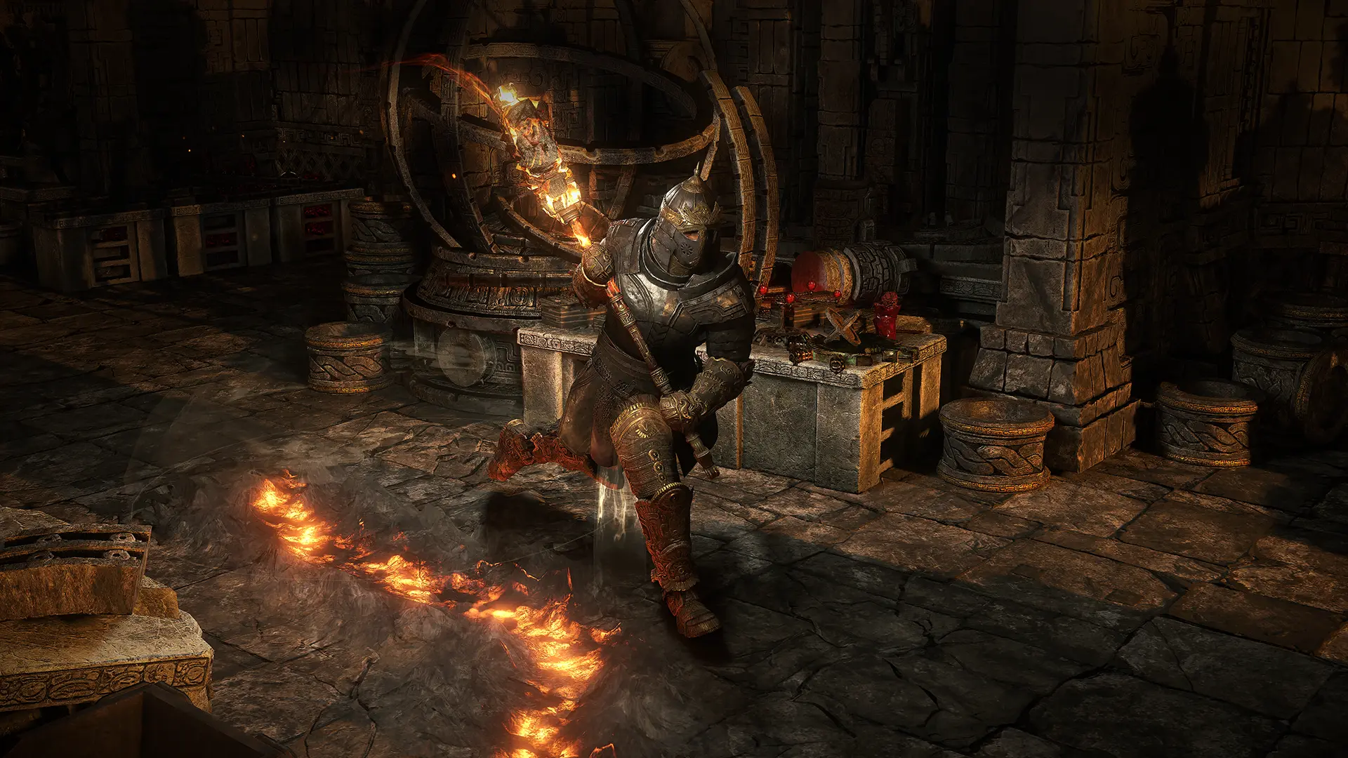 A warrior wearing a suit of armor running through a dark room carrying a two-handed weapon that's on fire