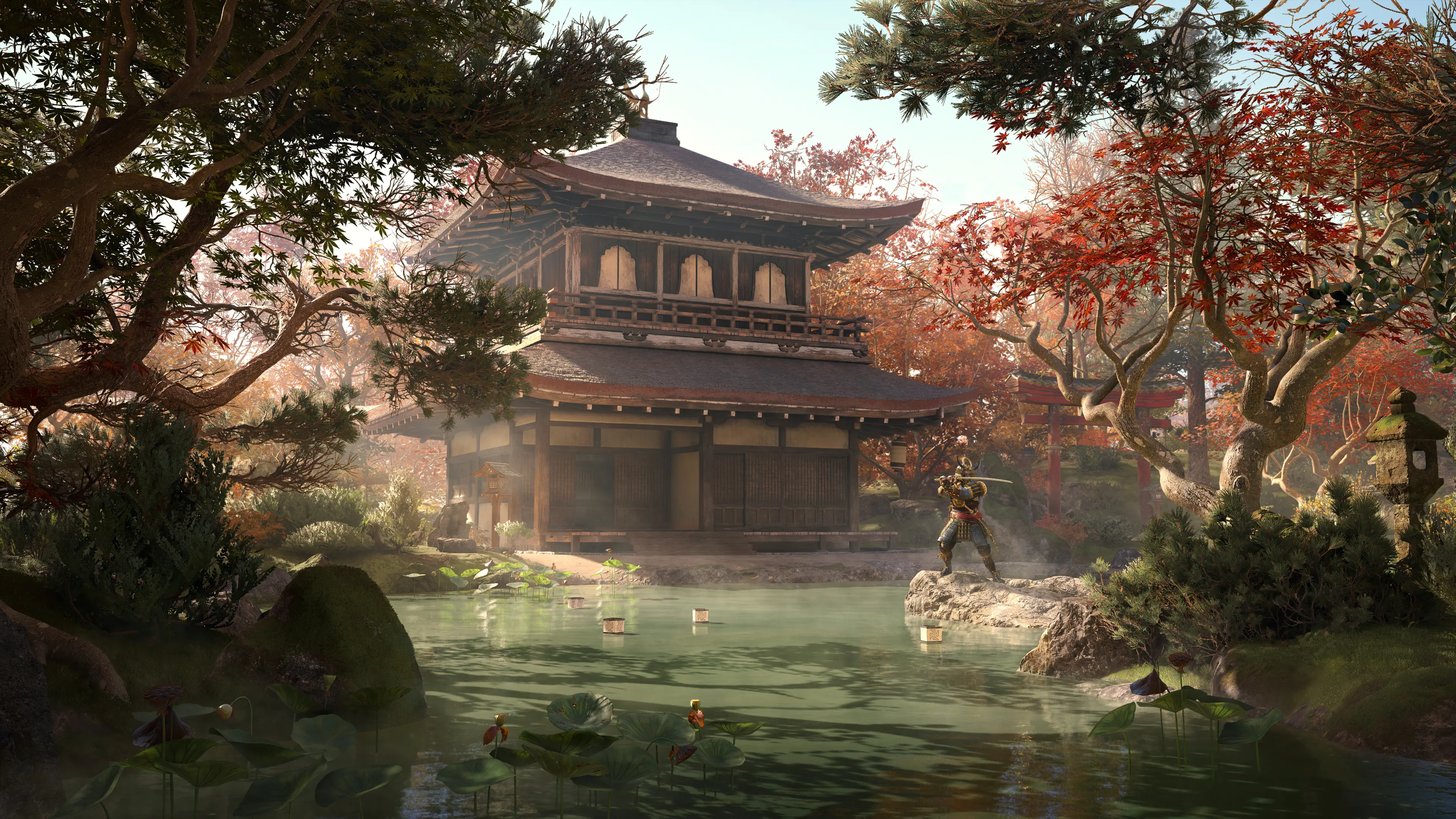 A samurai stands with sword in defensive stance in front of a serene temple and pond.