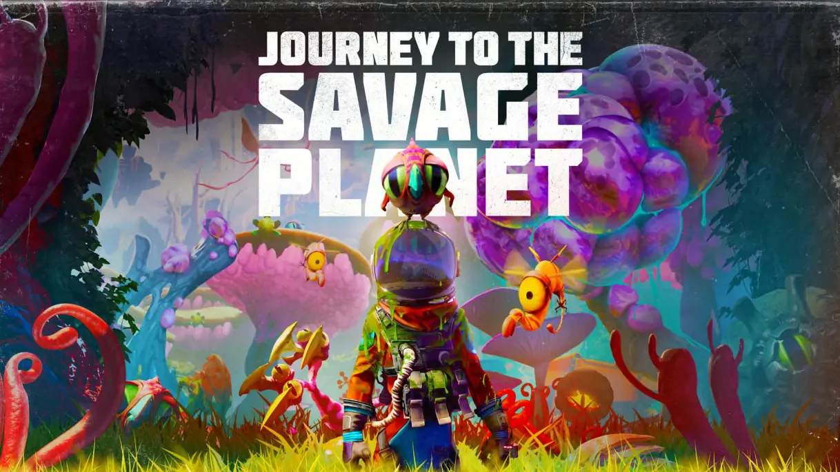 Character wearing a space suit surrounded by alien creatures and plants. The Journey to the Savage Planet logo is behind, centered at top.