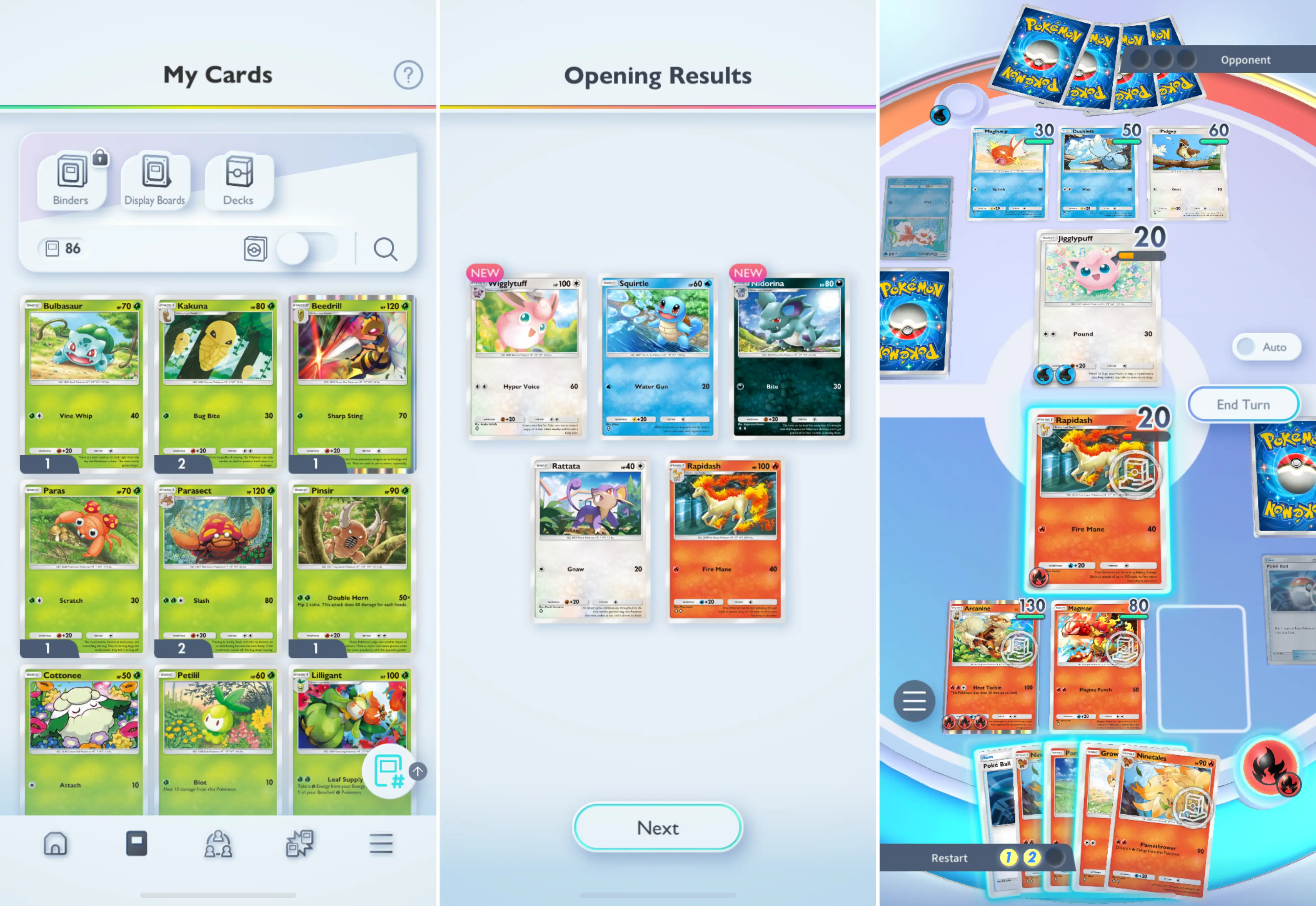 Three screenshots from the Pokemon TCG Pocket mobile game showing a player's card collection, the results from opening a booster pack, and the battle screen