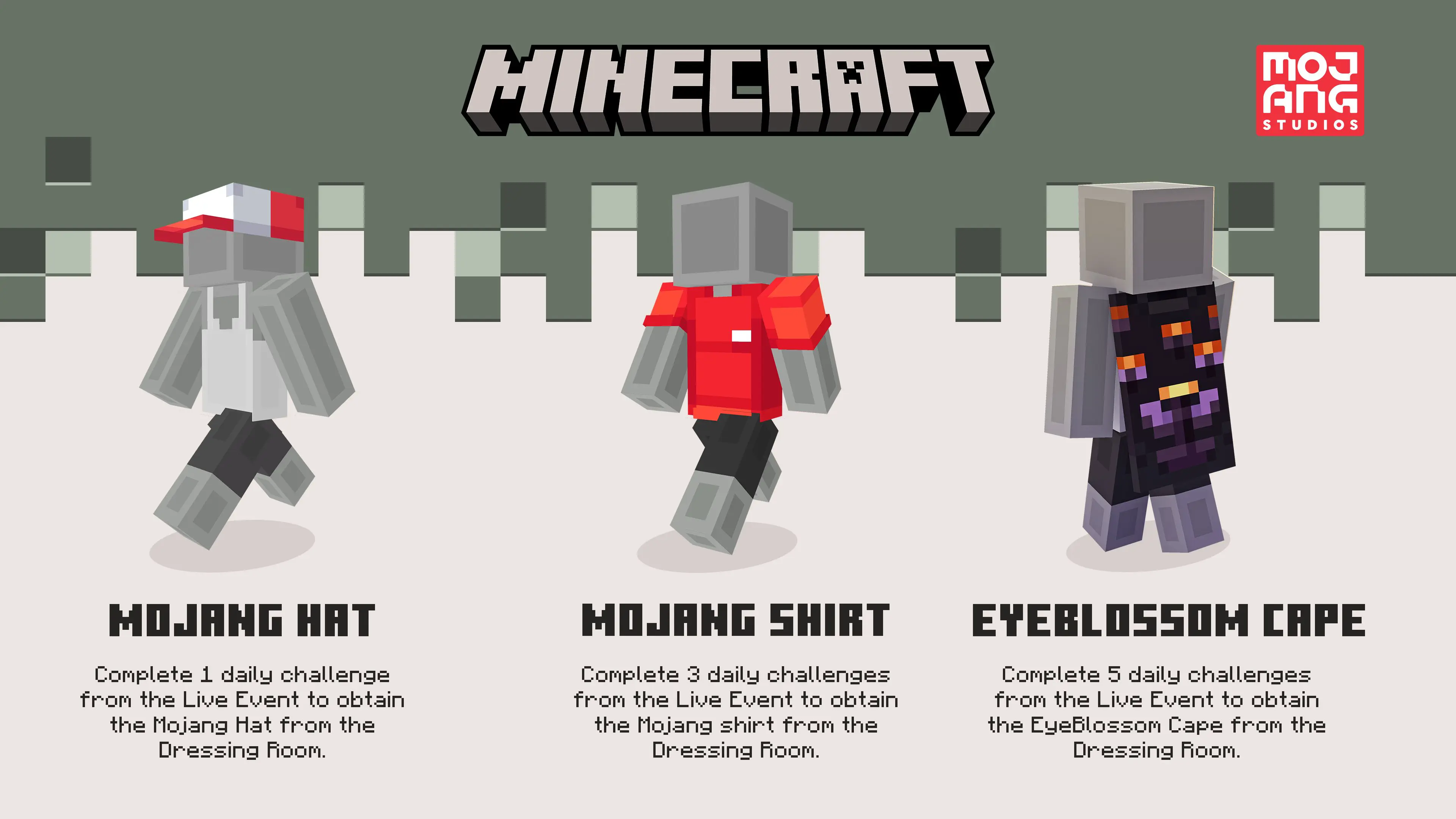 The three Character Creator items players can earn as part of the Eerie Mojang Office Party event in Minecraft