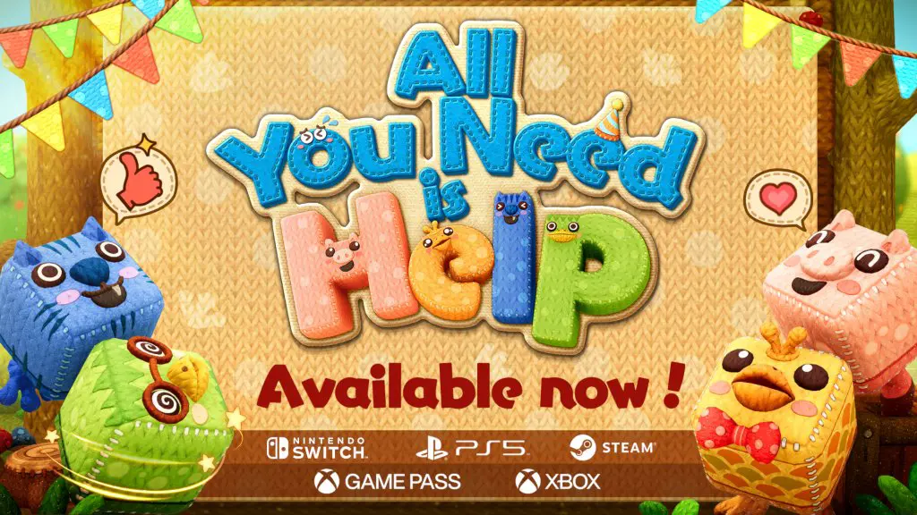 The All You Need is Help logo surrounded by blocky in-game characters