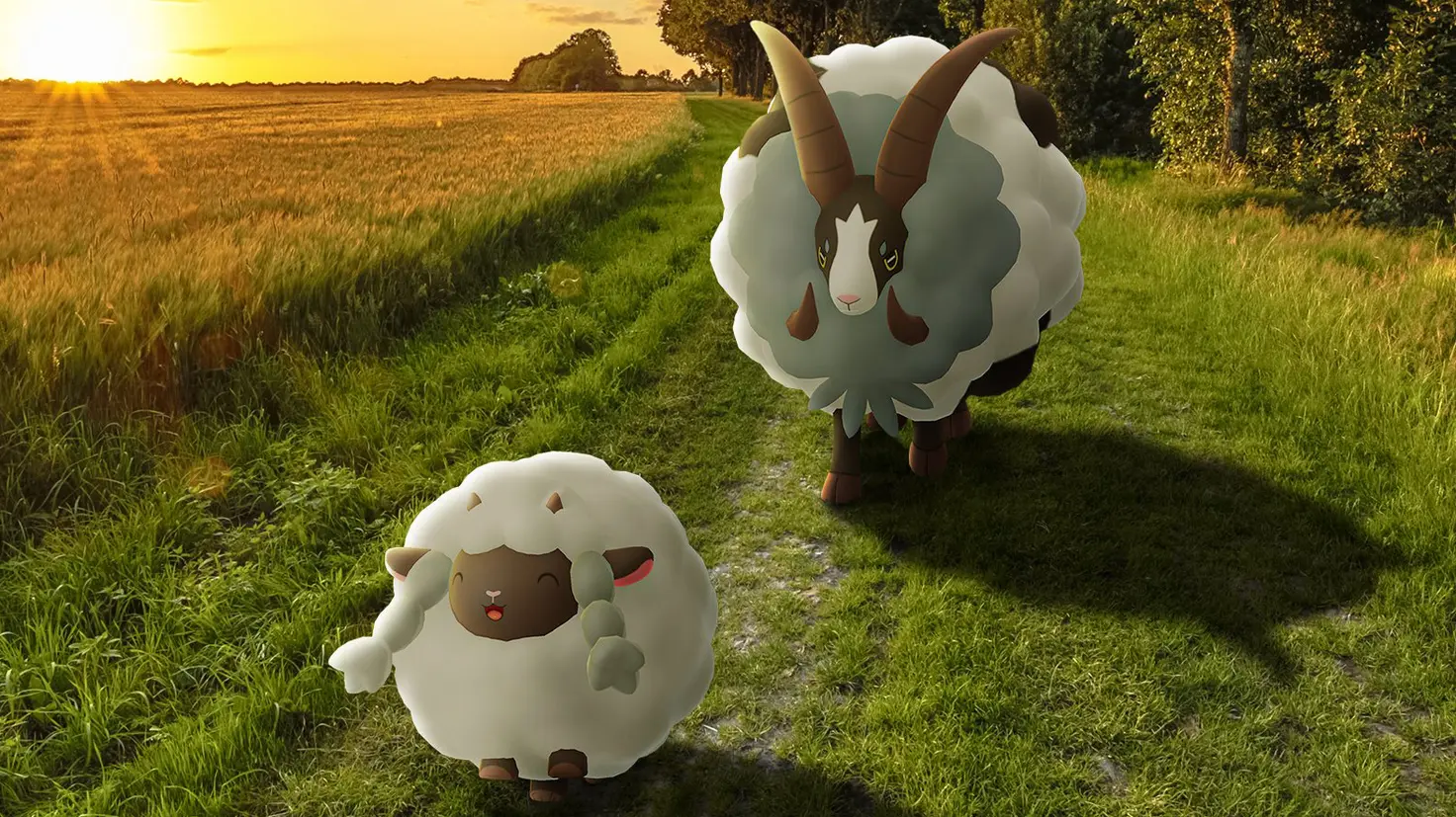 Wooloo and Dubwool in the grass to the right of a crop field with the sun beginning to set at top-left