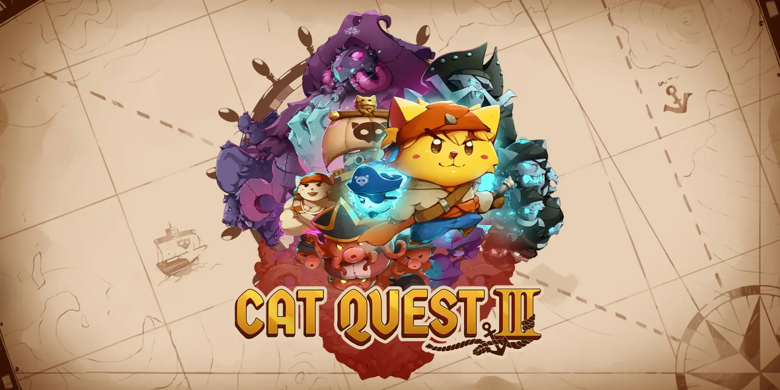 The cartoonish cast of Cat Quest III appears in an ensemble cover in the style of an old nautical map.