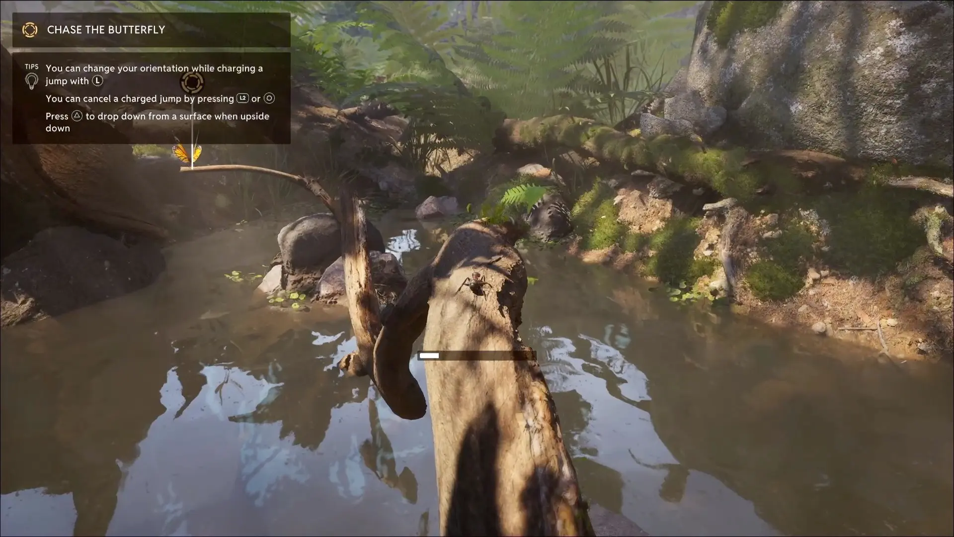 An ant walks along a log above murky water in the Empire of the Ants video game