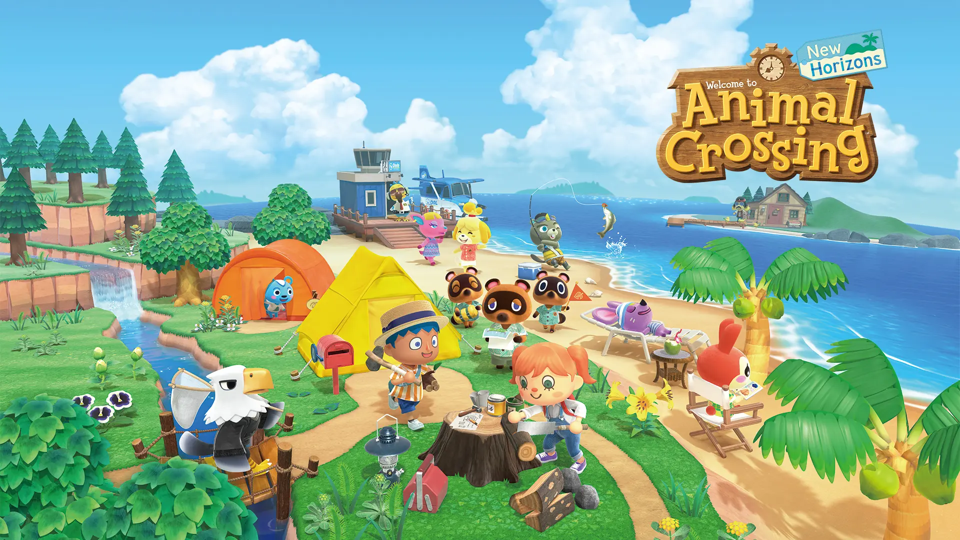 Two player characters surrounded by animal friends near the beach with the Animal Crossing: New Horizons logo at top-right