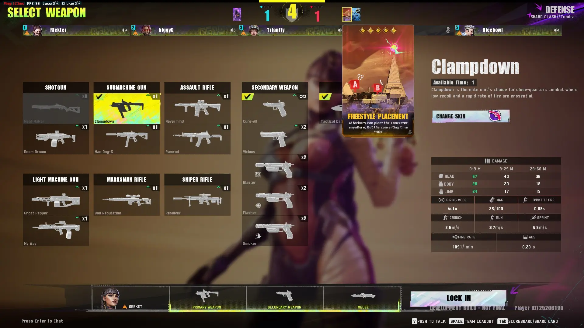 The weapon select screen in FragPunk. The player chooses an SMG and views one active card