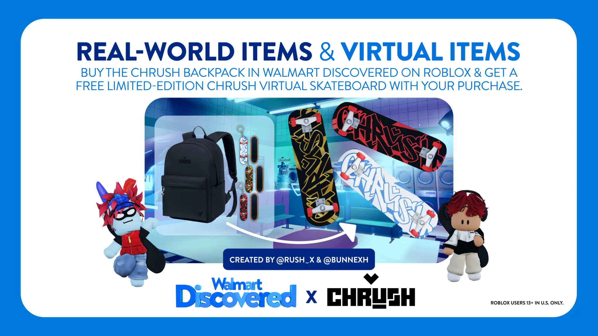 Promotional artwork for the Walmart Discovered collaboration with CHRUSH showing the virtual items players can receive in Roblox