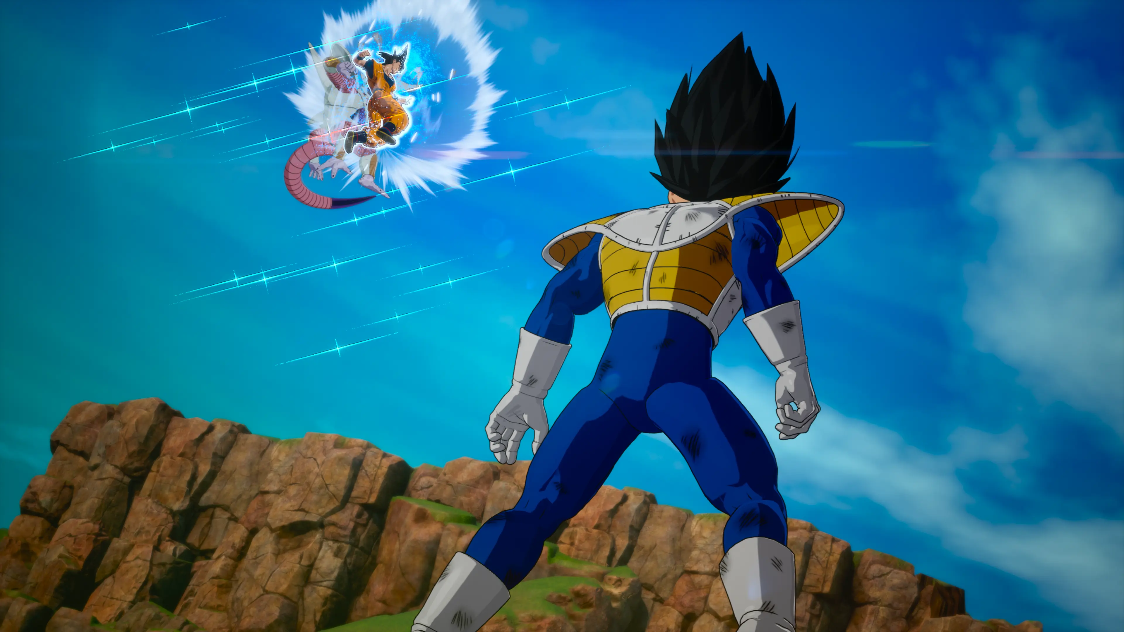 A Dragon Ball fighter looks at another fighter in the sky in the Dragon Ball: Sparking Zero video game