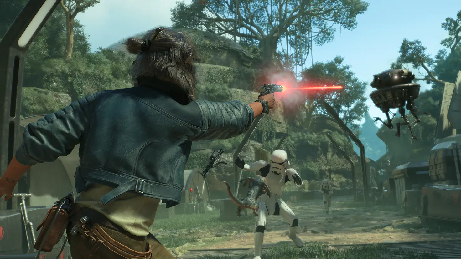 Kay Vess, protagonist of Star Wars Outlaws, shoots her weapon at a flying droid