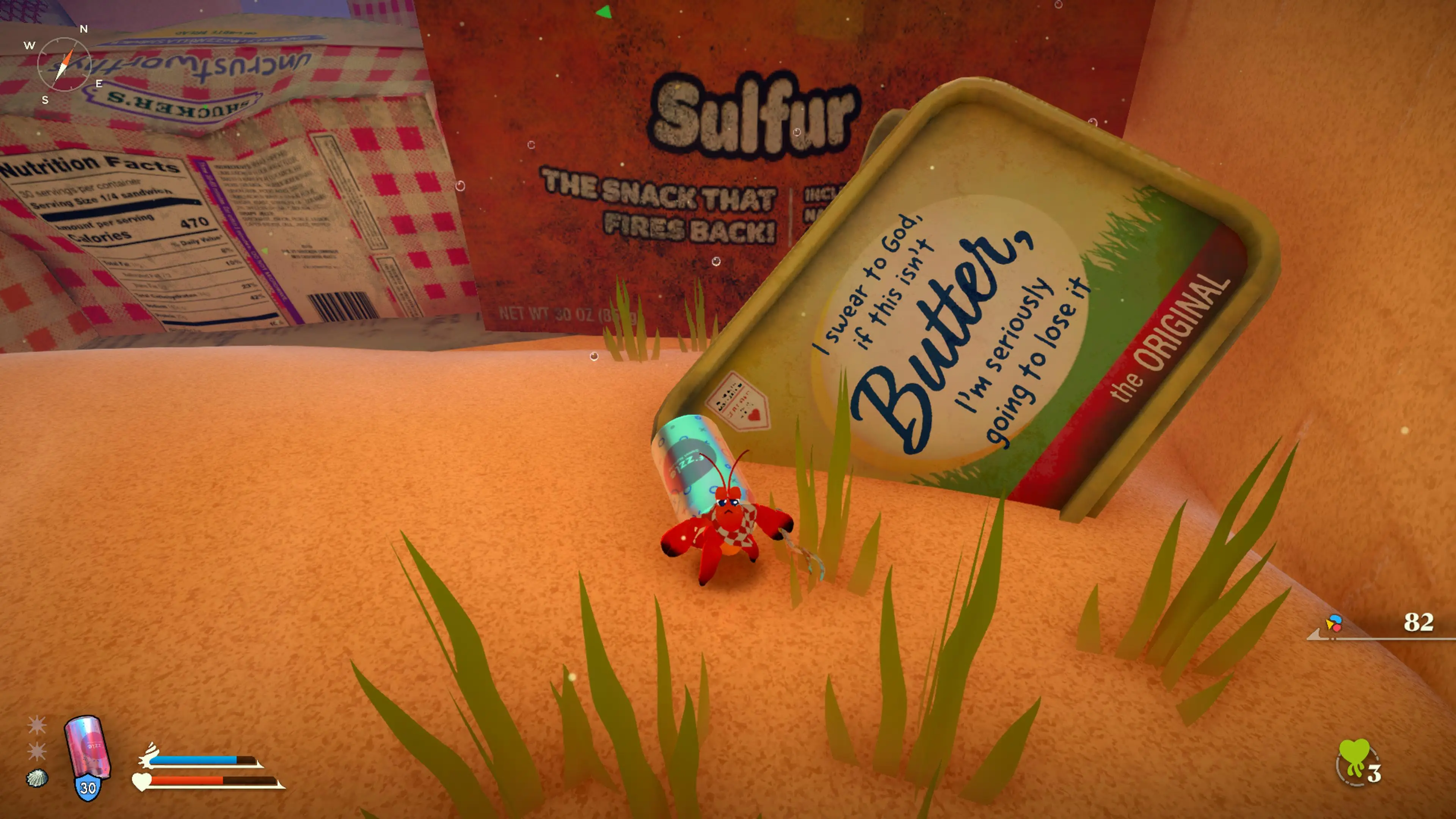 Kril the hermit crab stands next to a tub of butter-like spread with the brand name "I swear to God if this isn't Butter I'm seriously going to lose it"