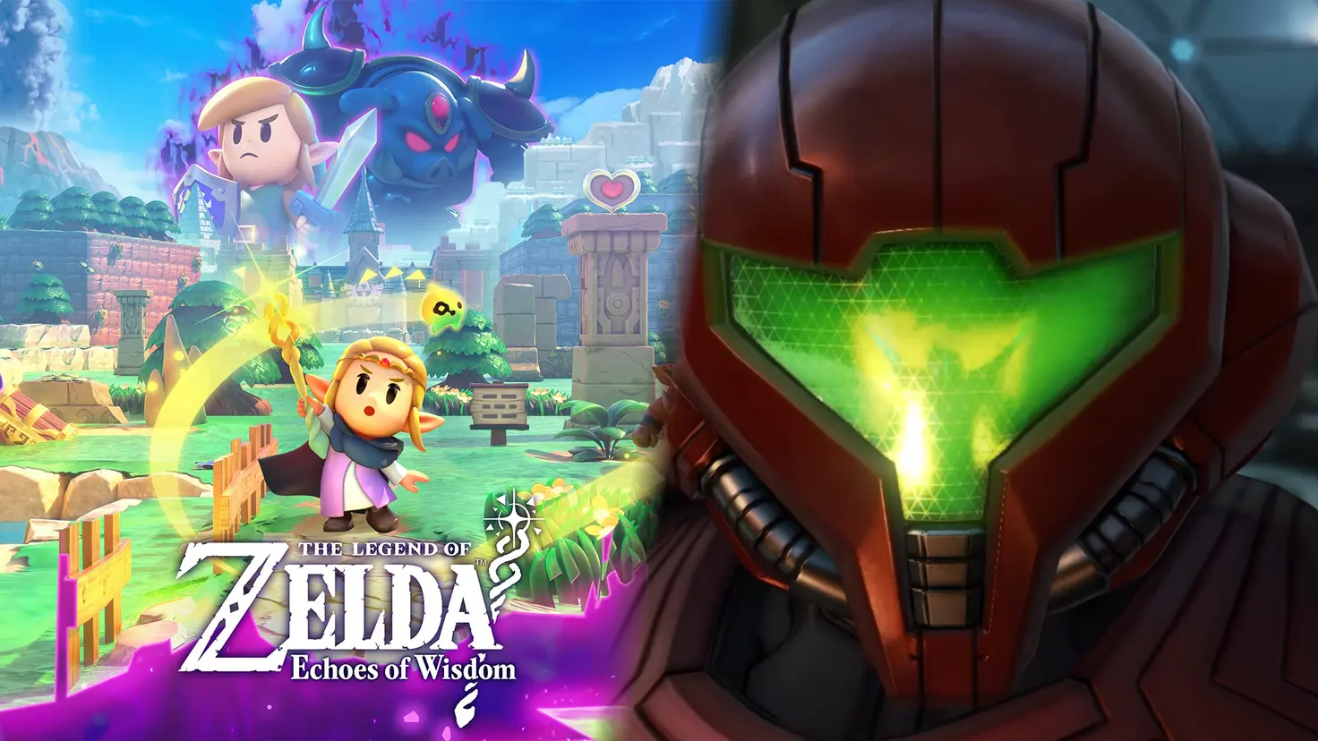 Zelda waves a wand and Samus Aran's power suit visor for The Legend of Zelda: Echoes of Wisdom and Metroid Prime 4: Beyond