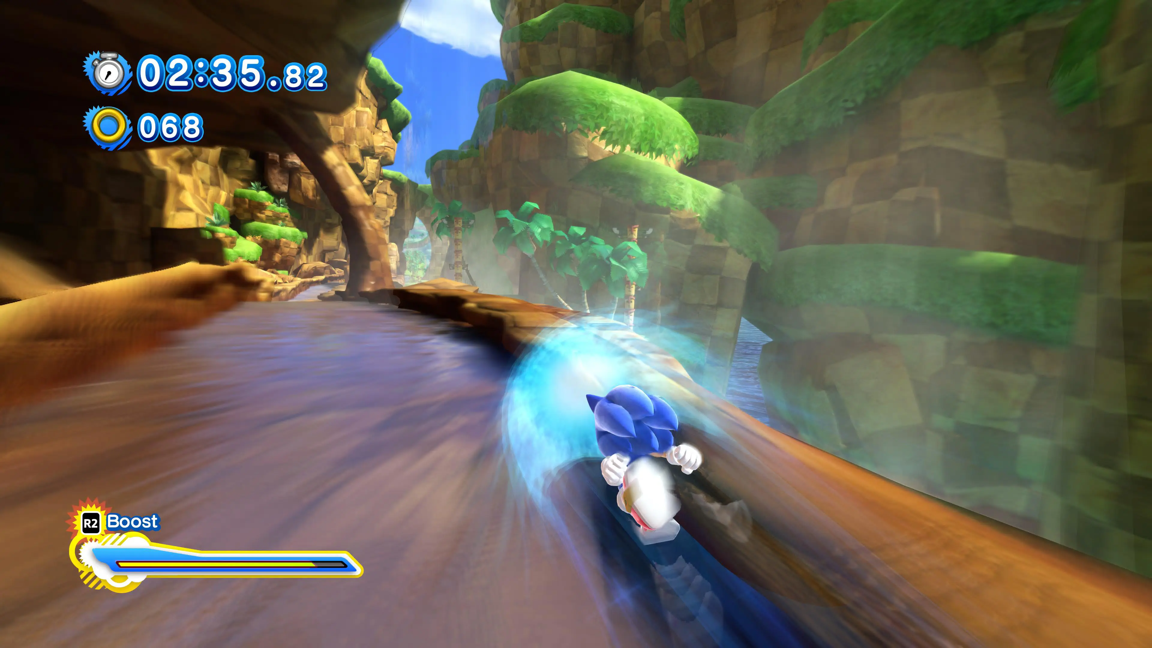 Sonic speeds through a jungle environment so fast he's blurry in the Sonic x Shadow Generations video game