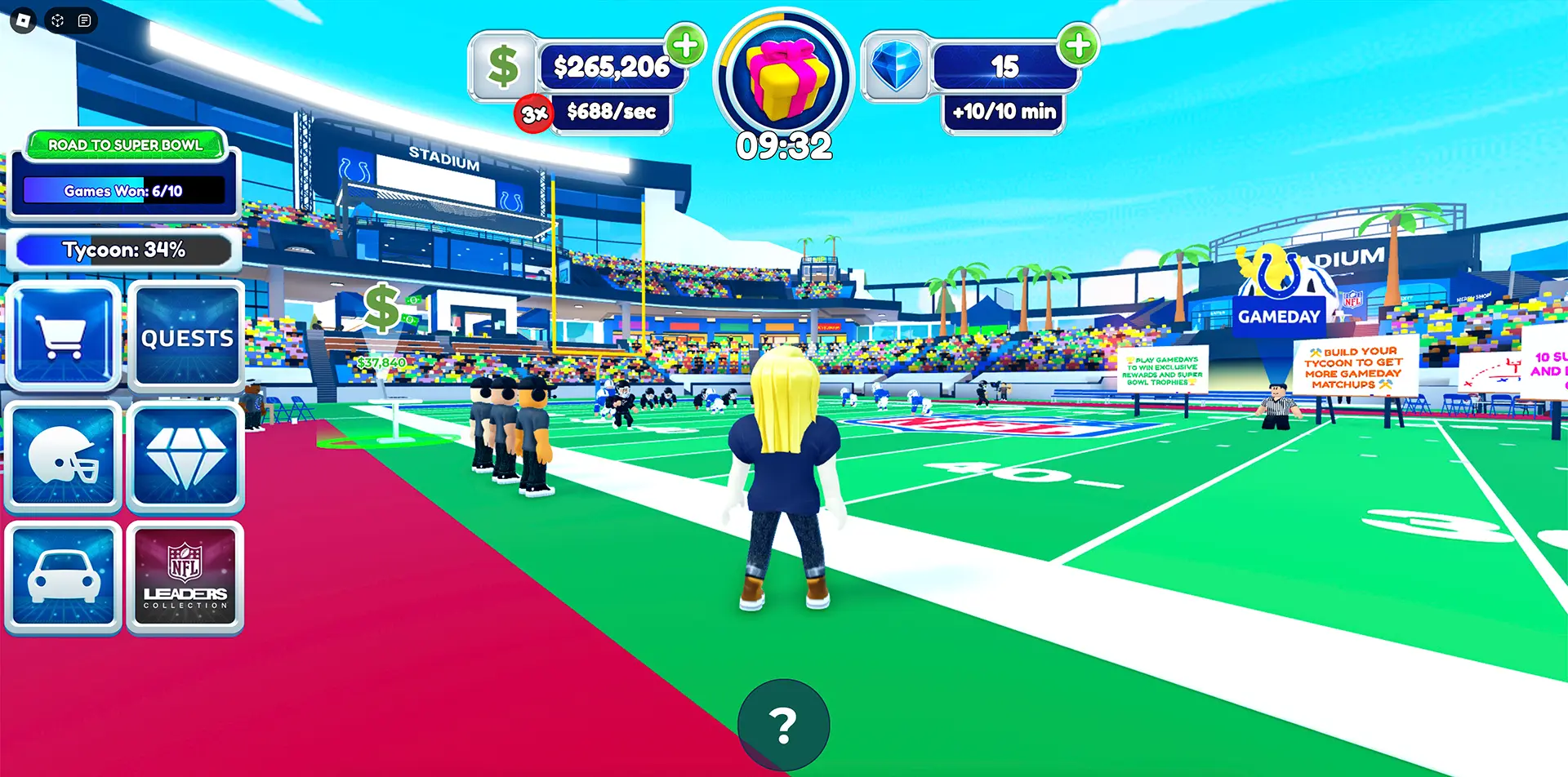 A Roblox player stands next to the field in a Colts-themed football stadium in the Super NFL Tycoon Roblox experience