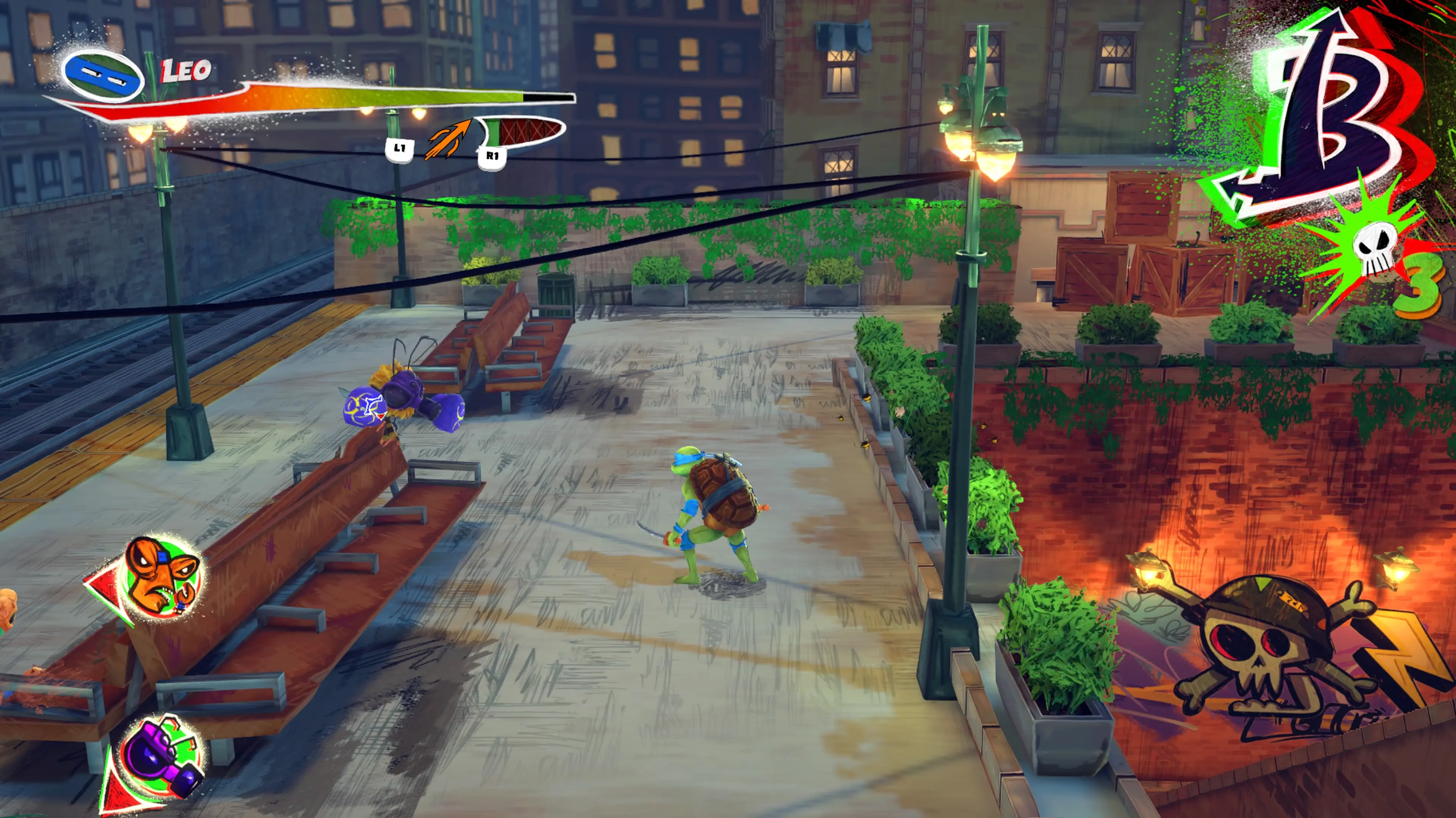 Leonardo faces an enemy on a train platform in the Teenage Mutant Ninja Turtles: Mutants Unleashed video game