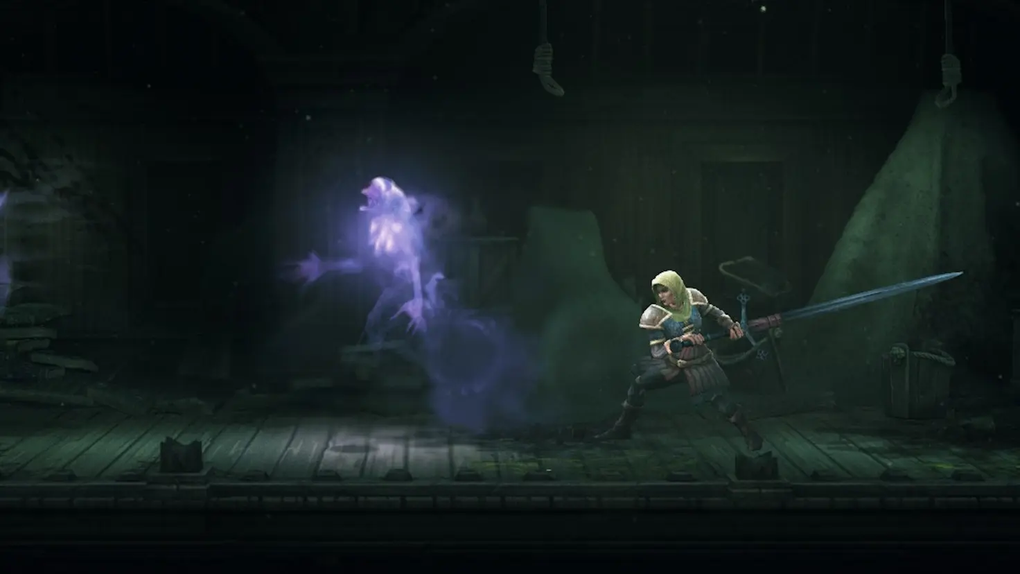 A warrior with a great sword prepares to swing at a glowing ghost spirit in a dark wooden house