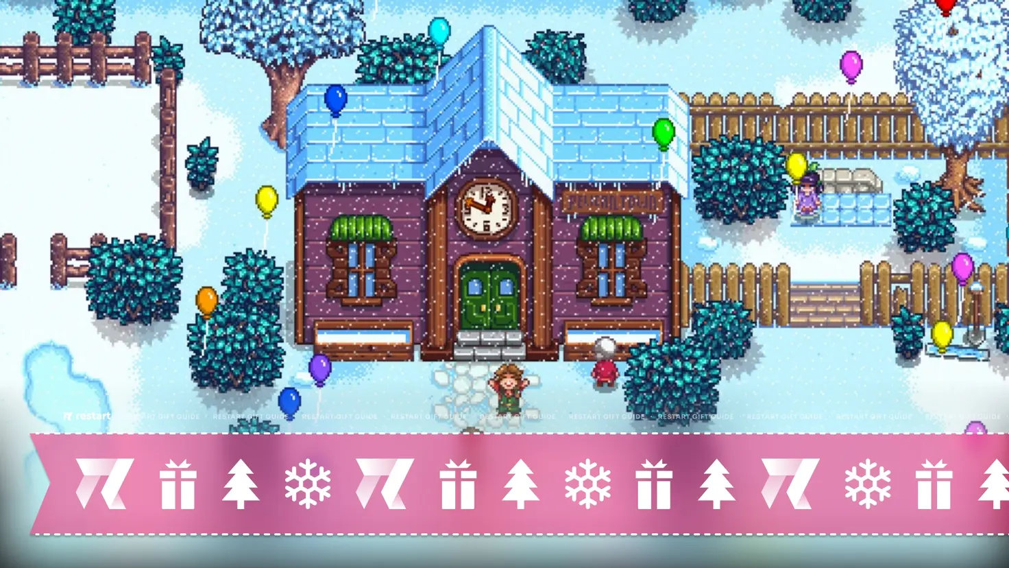 The community center in Stardew Valley in the winter, with a Restart-branded gift wrap banner below