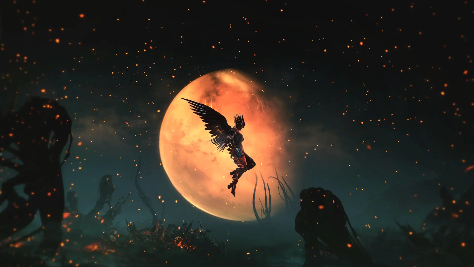 A winged soldier of Warframe floats amid glowing ashes in an ethereal landscape with a large moon behind.