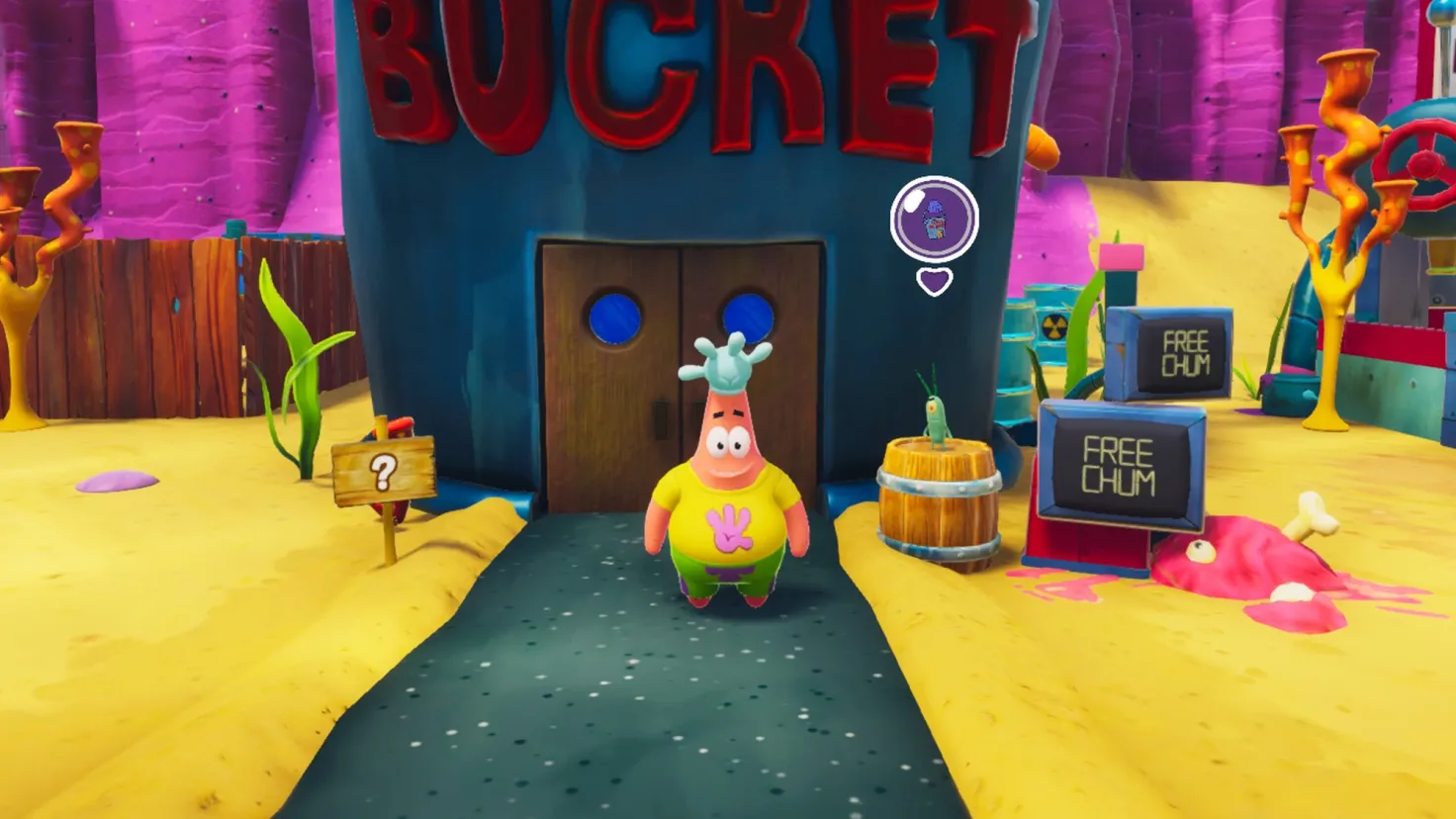 Patrick Star wearing a Glove World t-shirt and hat standing next to Plankton outside the Chum Bucket in The Patrick Star Game video game