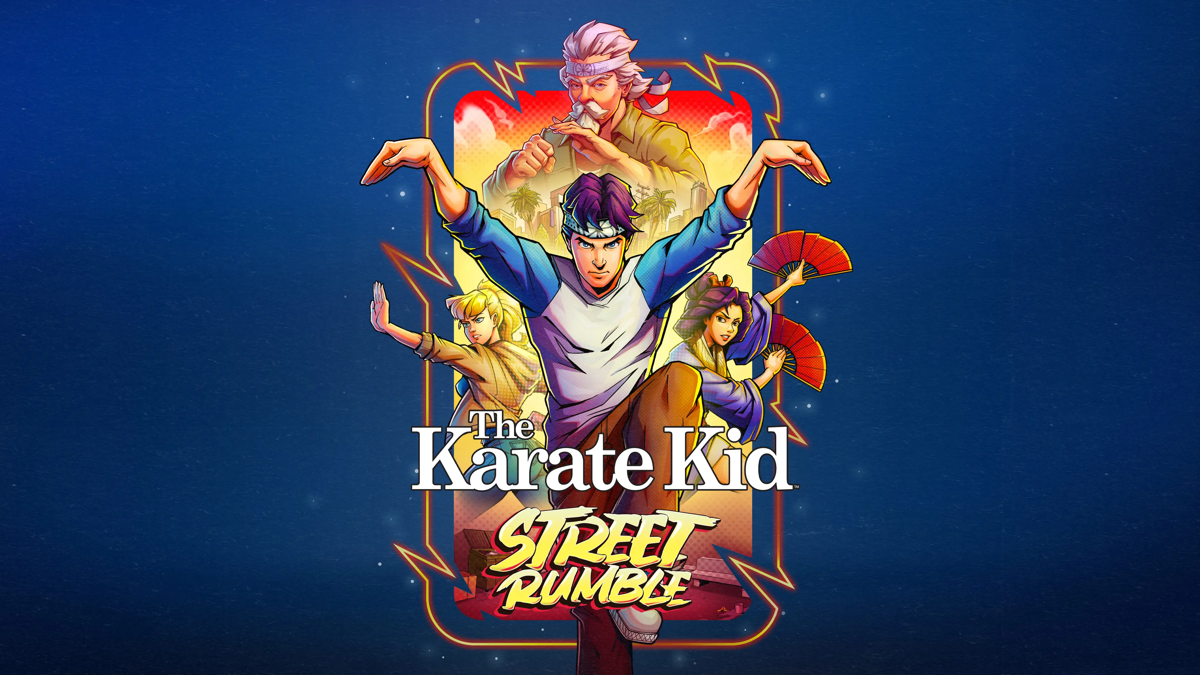 Four characters from The Karate Kid: Street Rumble video game in martial arts poses against a navy blue background. The Karate Kid: Street Rumble logo is centered at bottom.