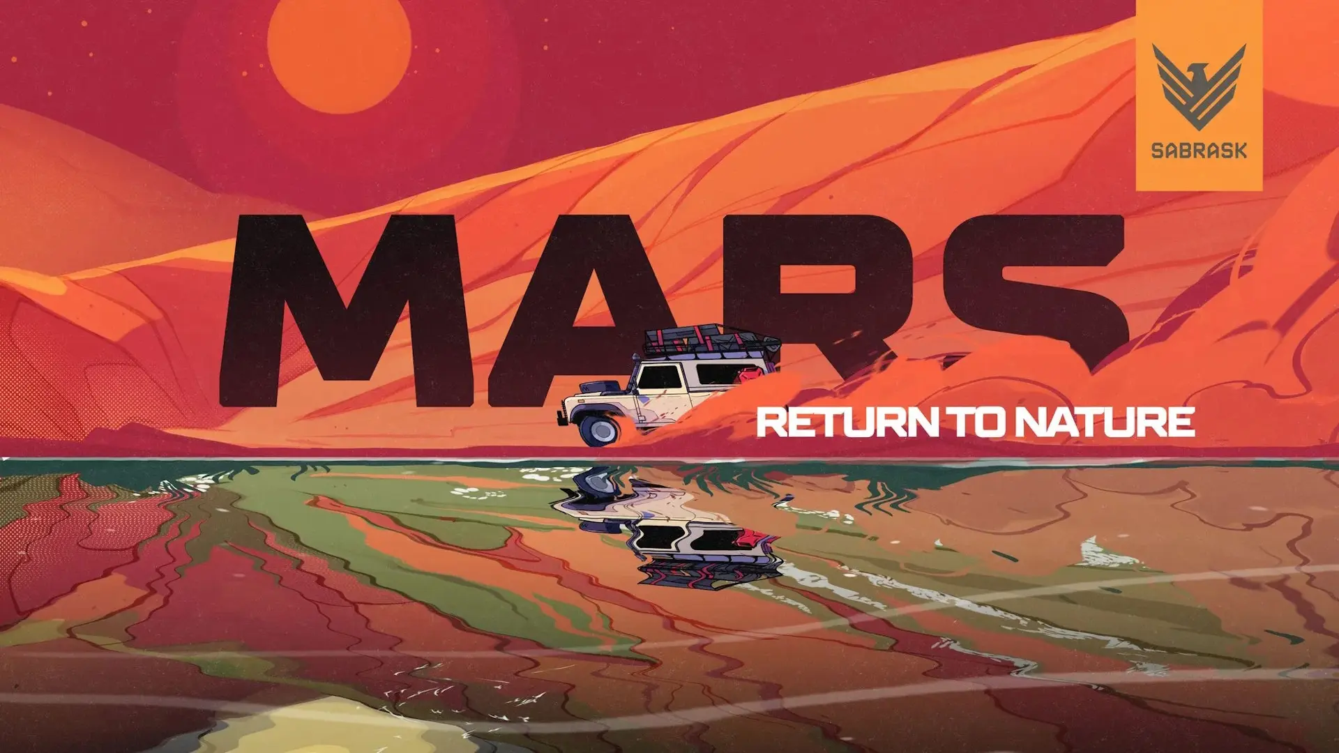 A promo for the Sabrask faction in Splitgate 2. A jeep drives over a martian landscape with text: "Mars. Return to nature."