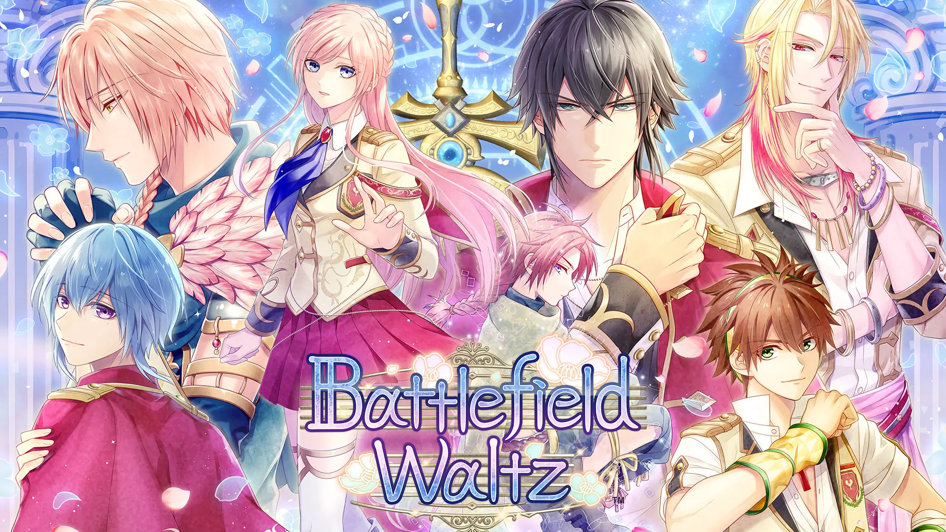 Group of anime characters against a pale blue background. The Battlefield Waltz logo is centered at bottom.