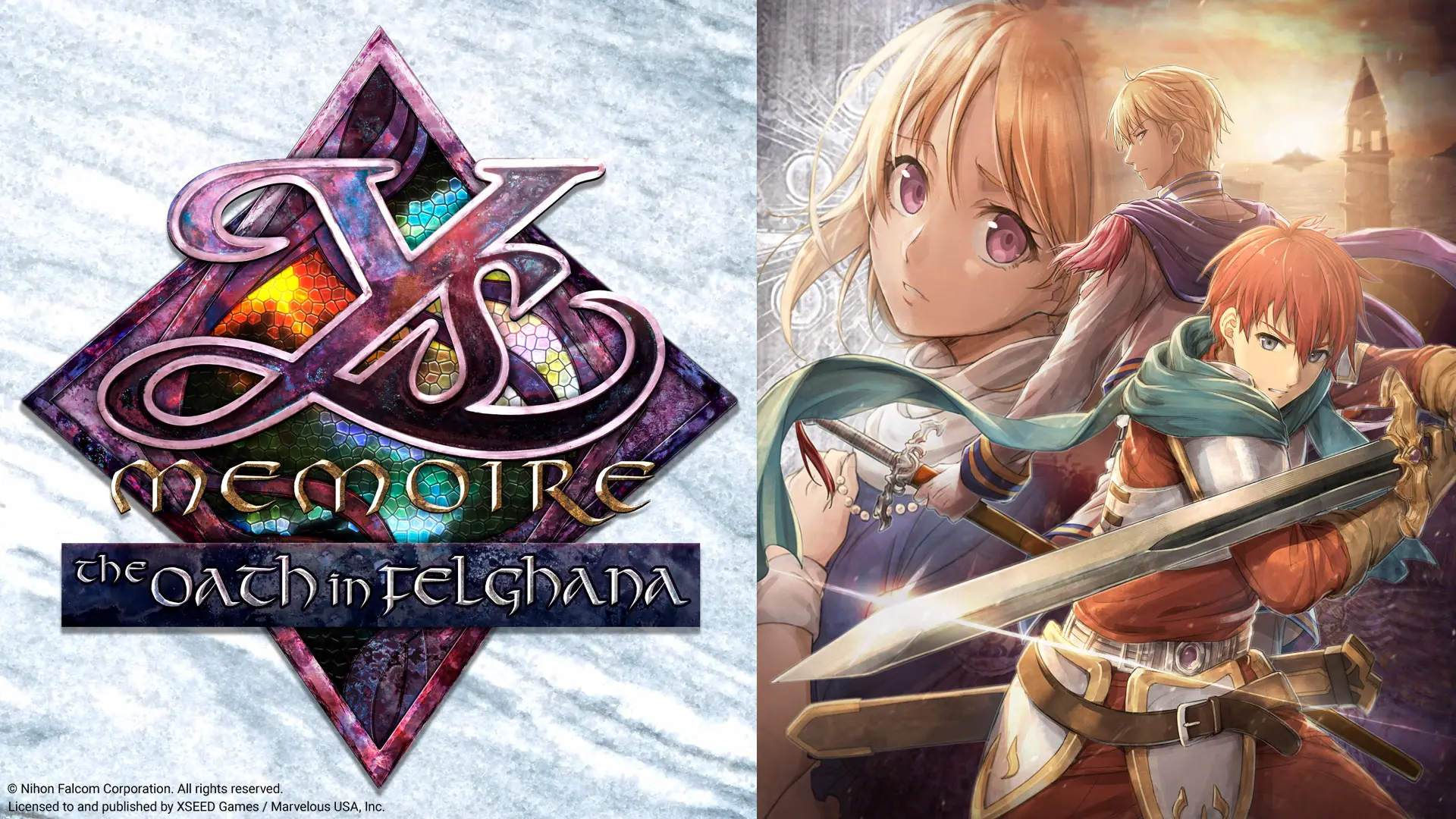 A collage of human characters at right with the Ys Memoire: The Oath in Felghana logo at left.