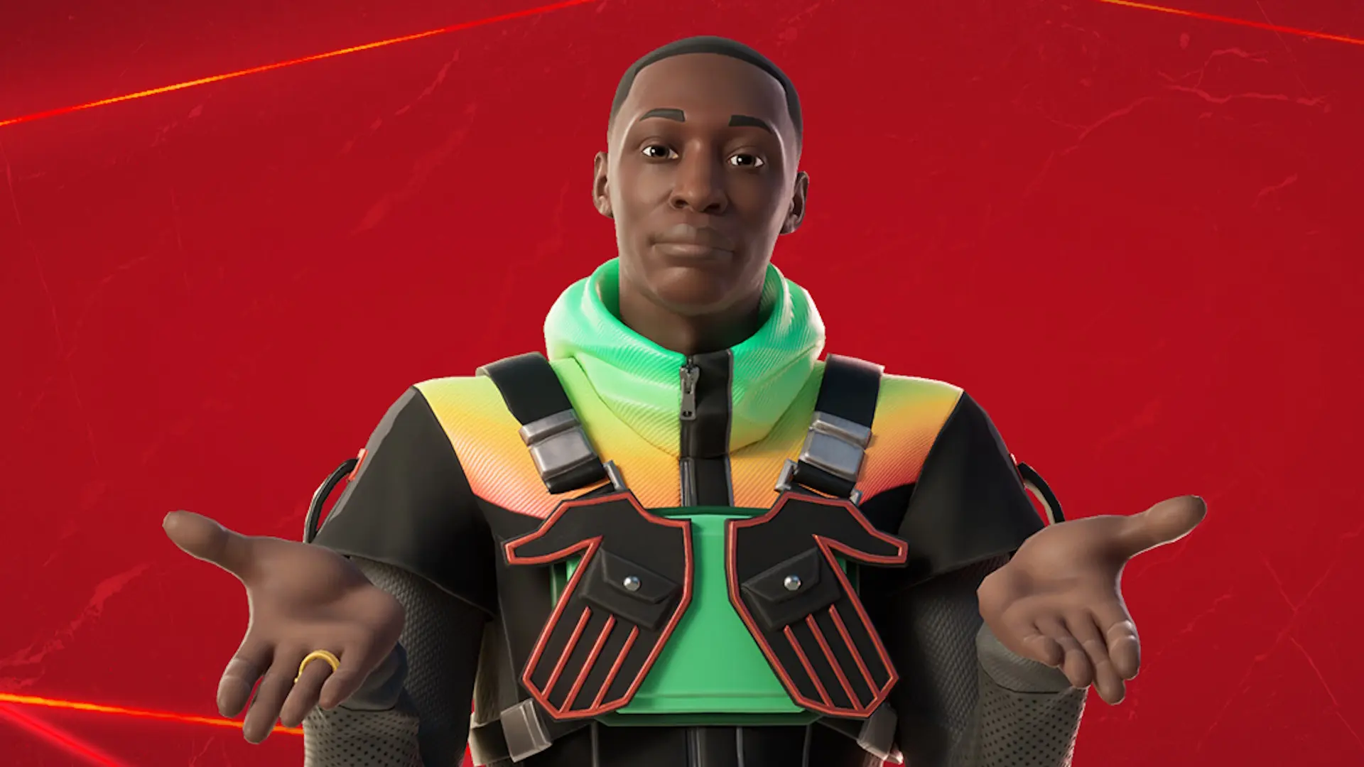 Social media personality Khaby lame shrugs in his Fortnite Icon Skin incarnation