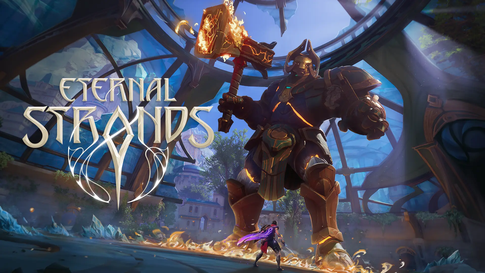 A huge soldier wielding a battle hammer towers over a small warrior standing at their feet near flames. The Eternal Strands logo is at left.