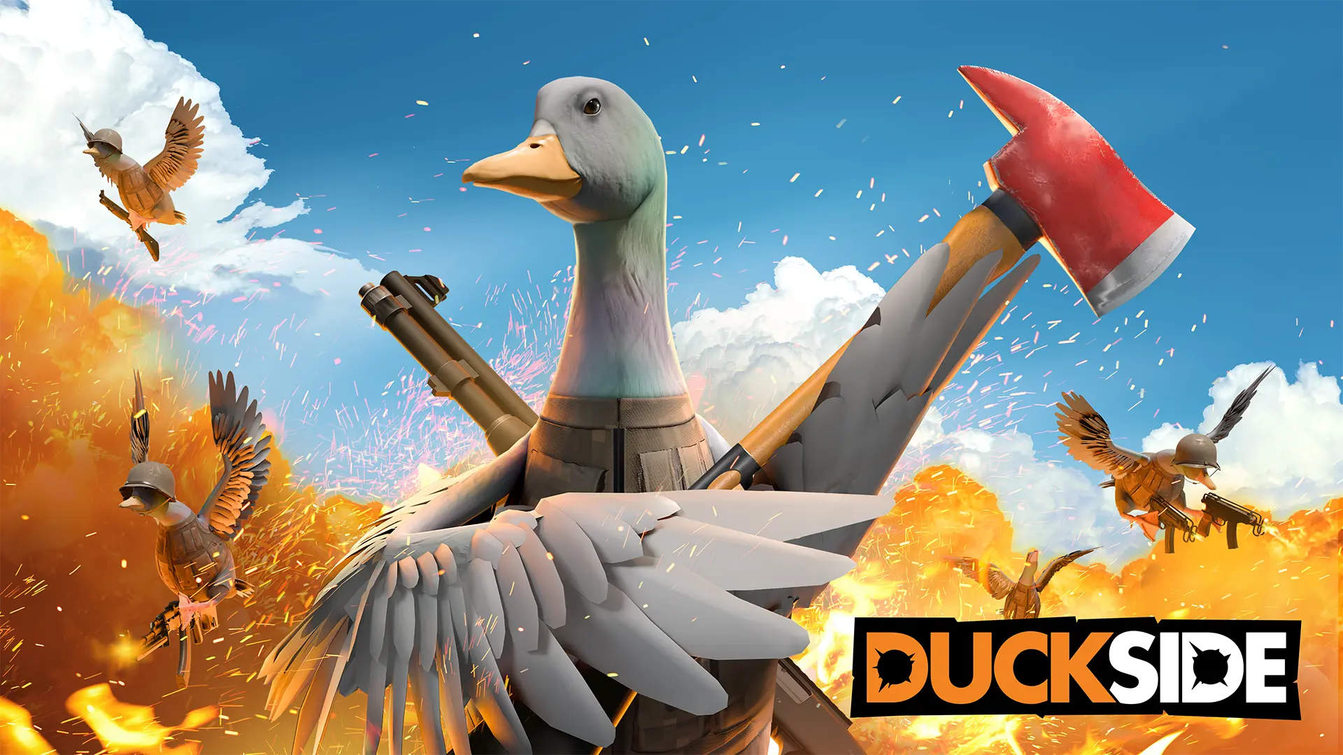 A duck with a gun on its back holding an axe with its wings in front of a fiery explosion and other armed ducks