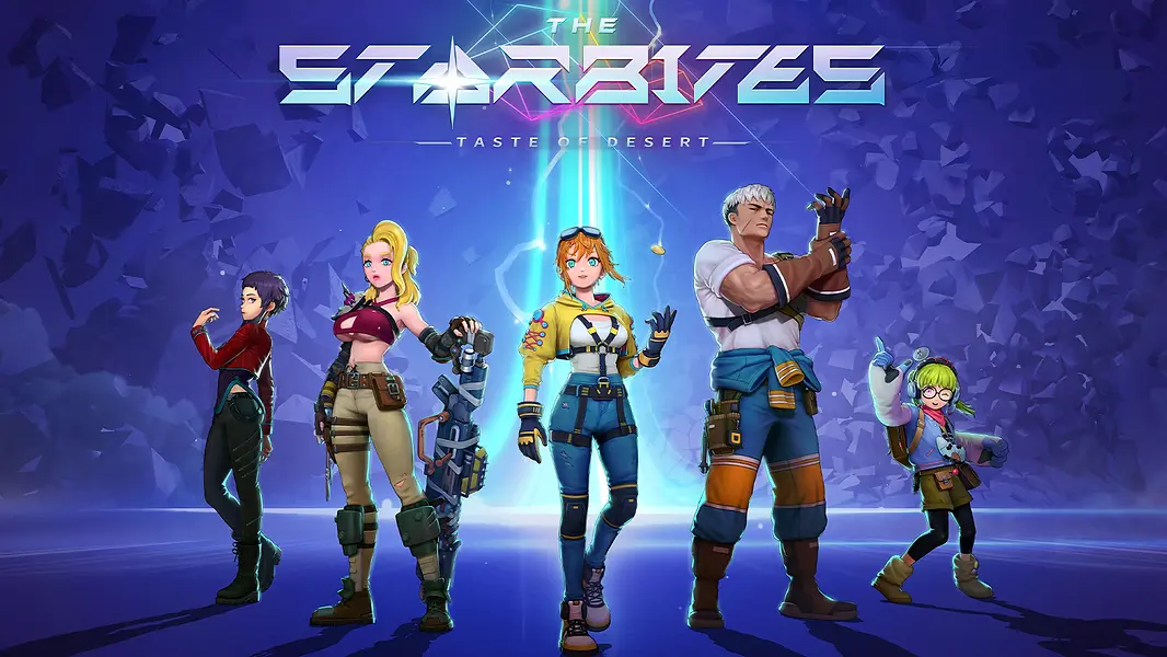 Five characters from The Starbites: Taste of Desert video game pose below the game's logo, which is centered at top