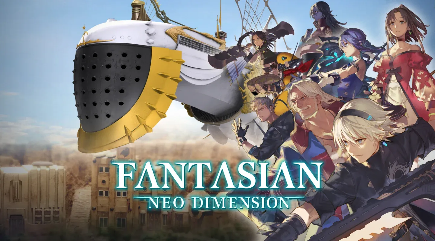 Anime characters strike active poses in front of an airship flying over a desert city