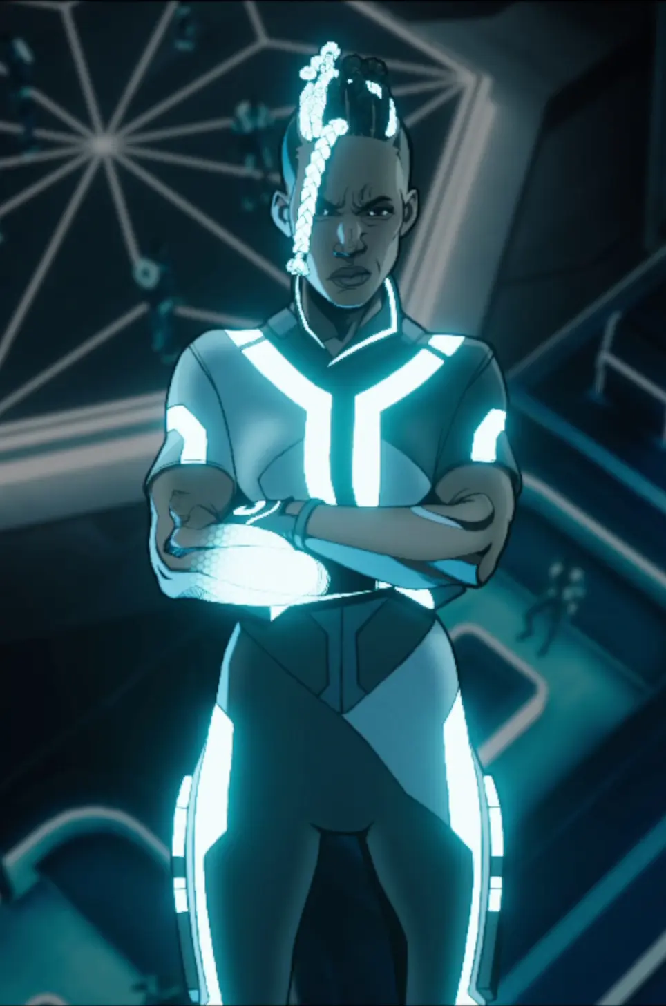 Protagonist of Tron: Catalyst, Exo, stands with arms crossed during a dialog scene in the game.