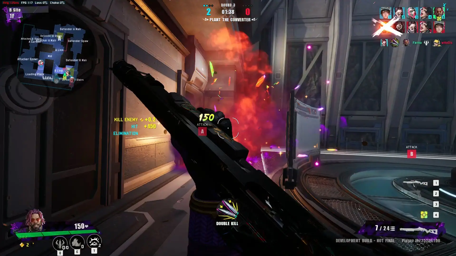 The player secures a kill and readies a shotgun in Fragpunk