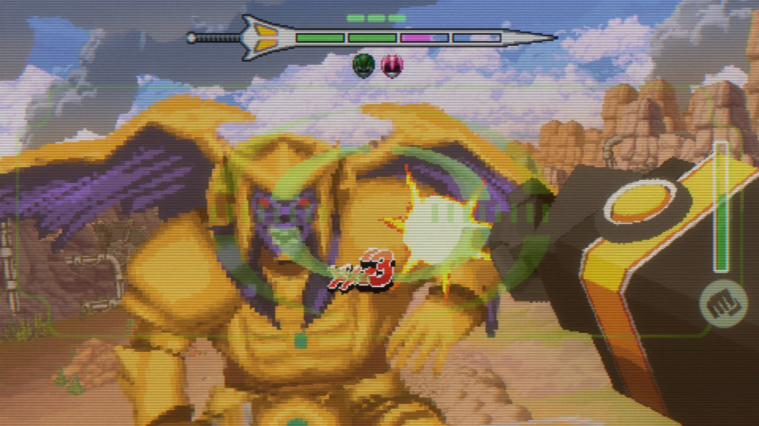 Mighty Morphin Power Rangers: Rita’s Rewind screenshot showing a first-person view of a giant robot fist punching the golden monster Goldar