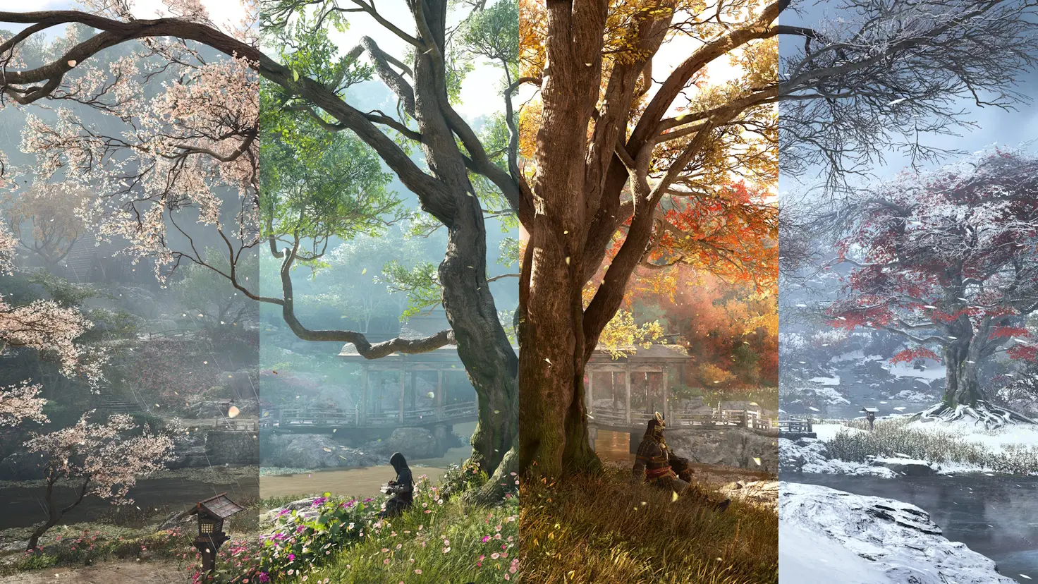 The same environment, a large tree on a small island, in all four seasons in Assassin's Creed Shadows 