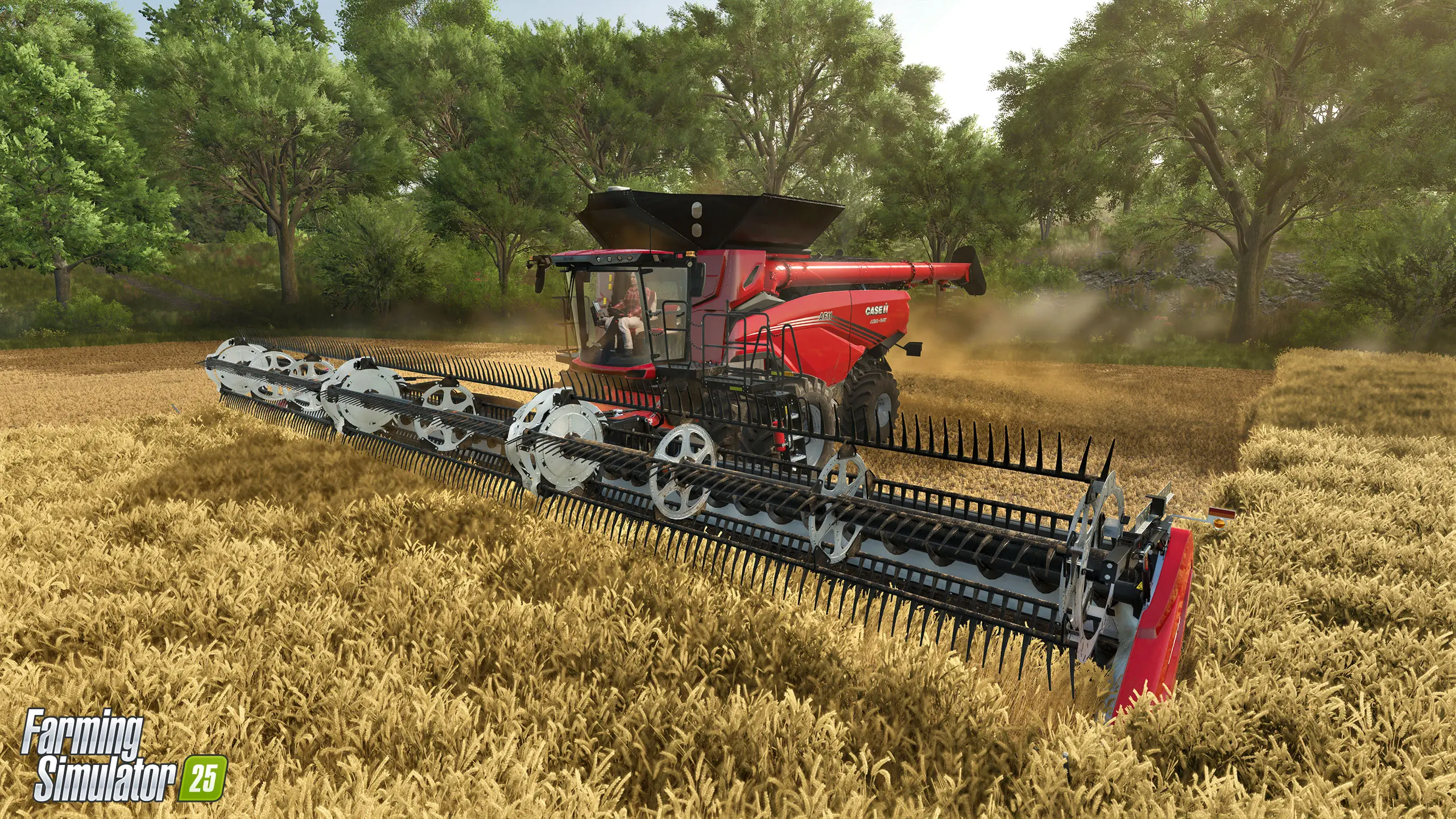 Large farming vehicle being driven through a field of crops in the Farming Simulator 25 video game