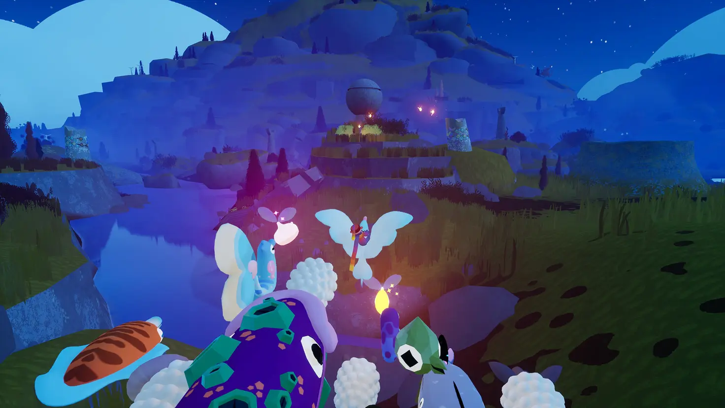 The player in the Flock video game rides on the back of a bird flying toward glowing creatures in the distance at night while being followed by a group of colorful flying creatures