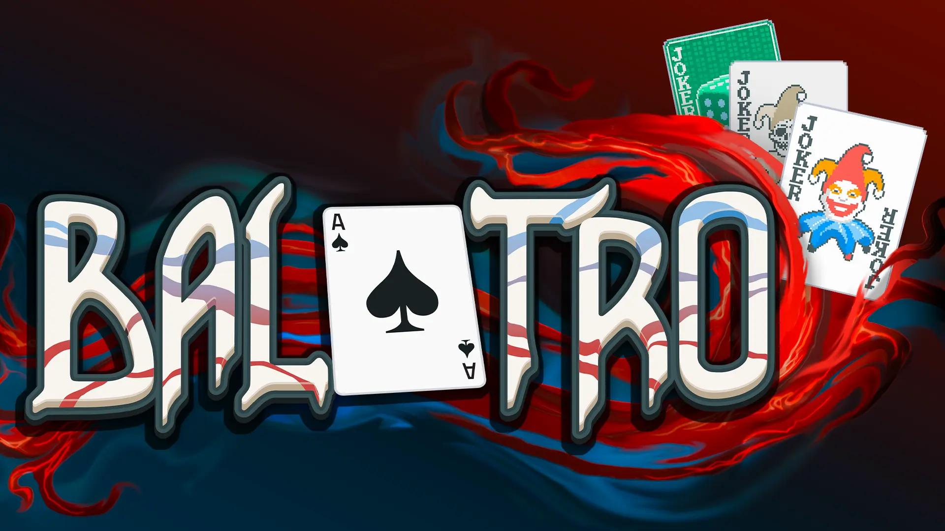 The white, red, and blue Balatro logo against a dark blue and red background. The ace of spades playing card is used instead of the letter "A" in the word "Balatro." Three Joker cards are to the right of and slightly behind the "O" in "Balatro."