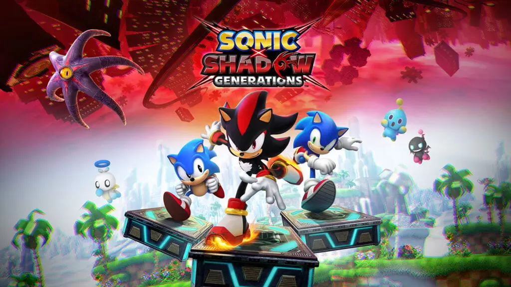 Sonic X Shadow Generations keyart featuring 2 versions of Sonic running alongside Shadow.