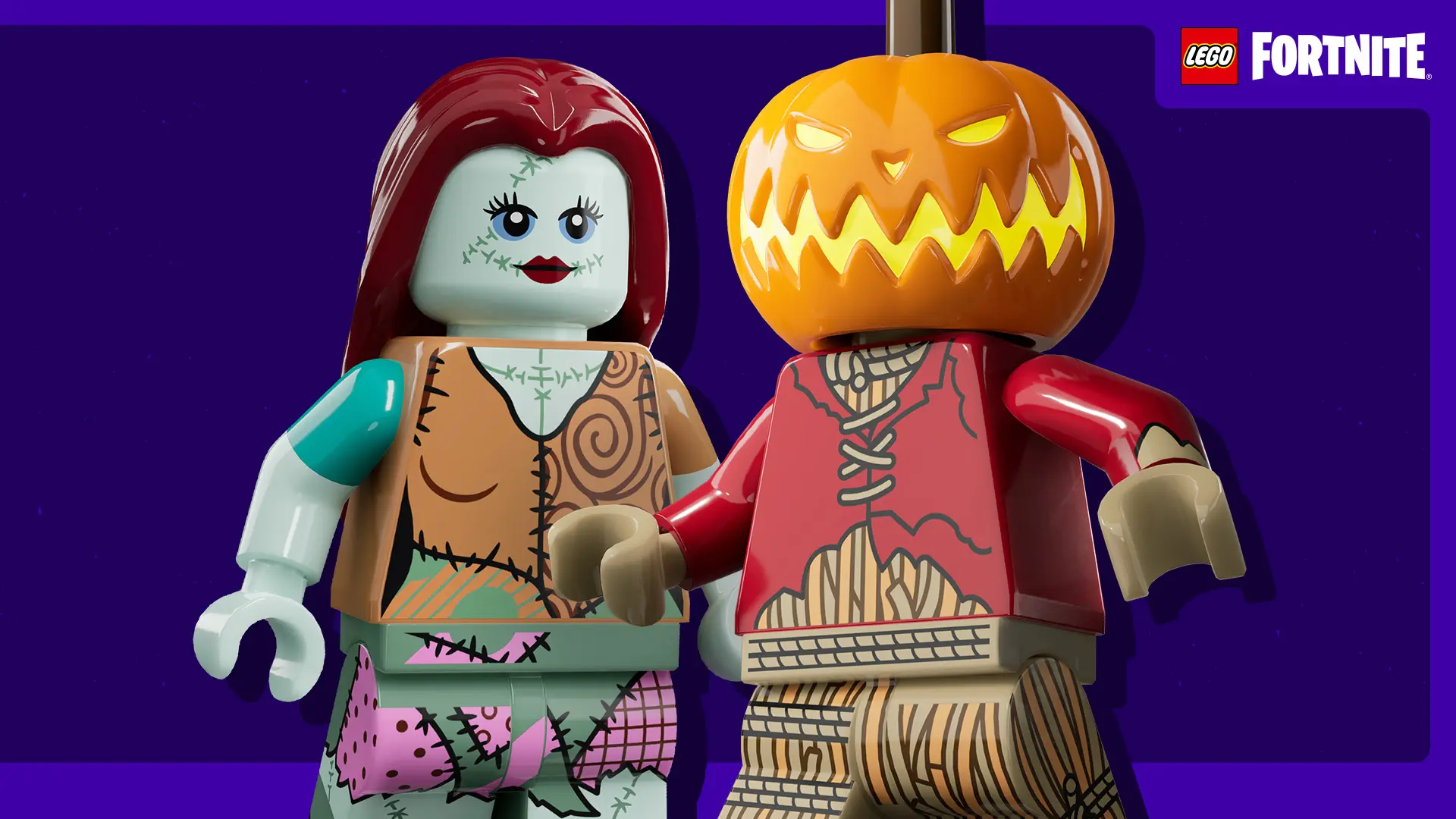 The Lego Sally and Lego Pumpkin King outfits in the Lego Fortnite video game