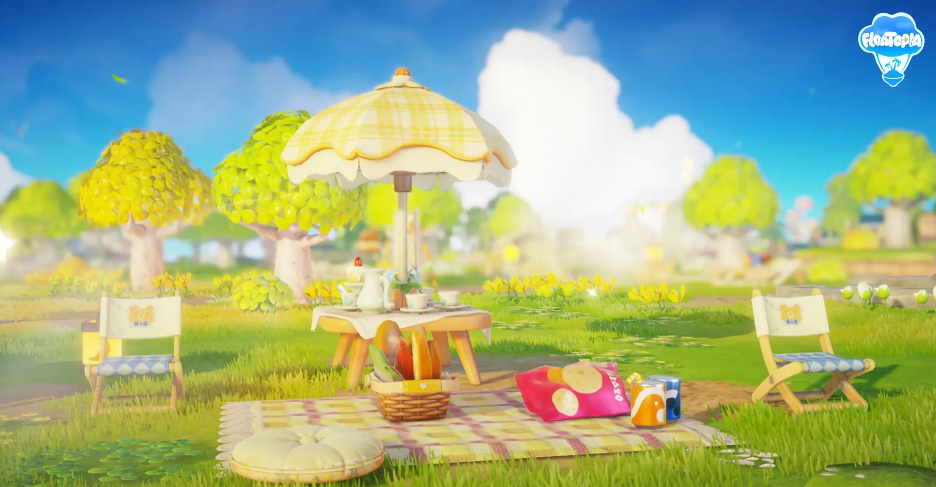 An idyllic picnic scene laid out in floatopia. A small table and deck chairs si on a field with a basket of food and cups of tea