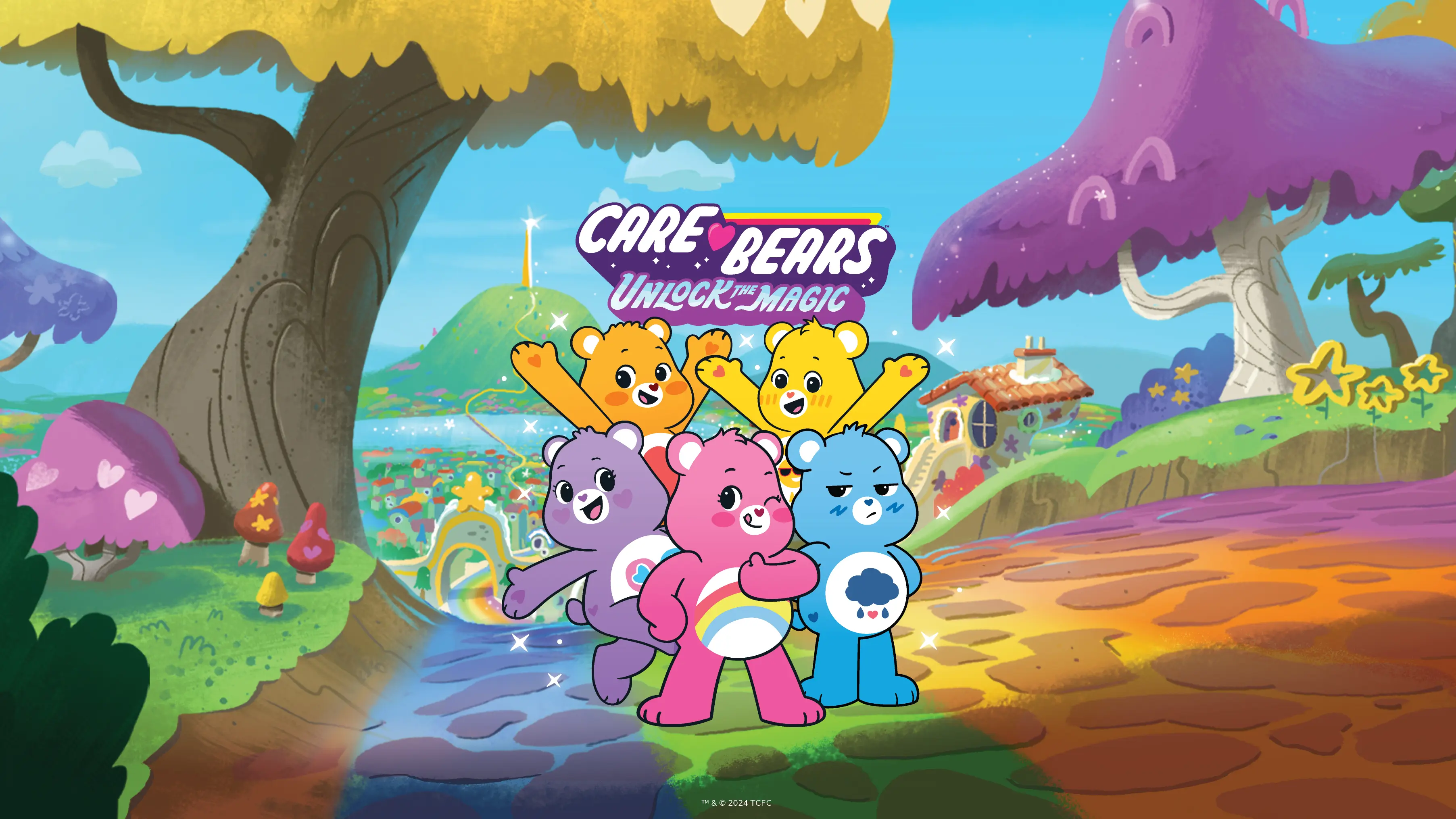 Five Care Bears pose next to colorful trees and plants below the Care Bears: Unlock the Magic logo