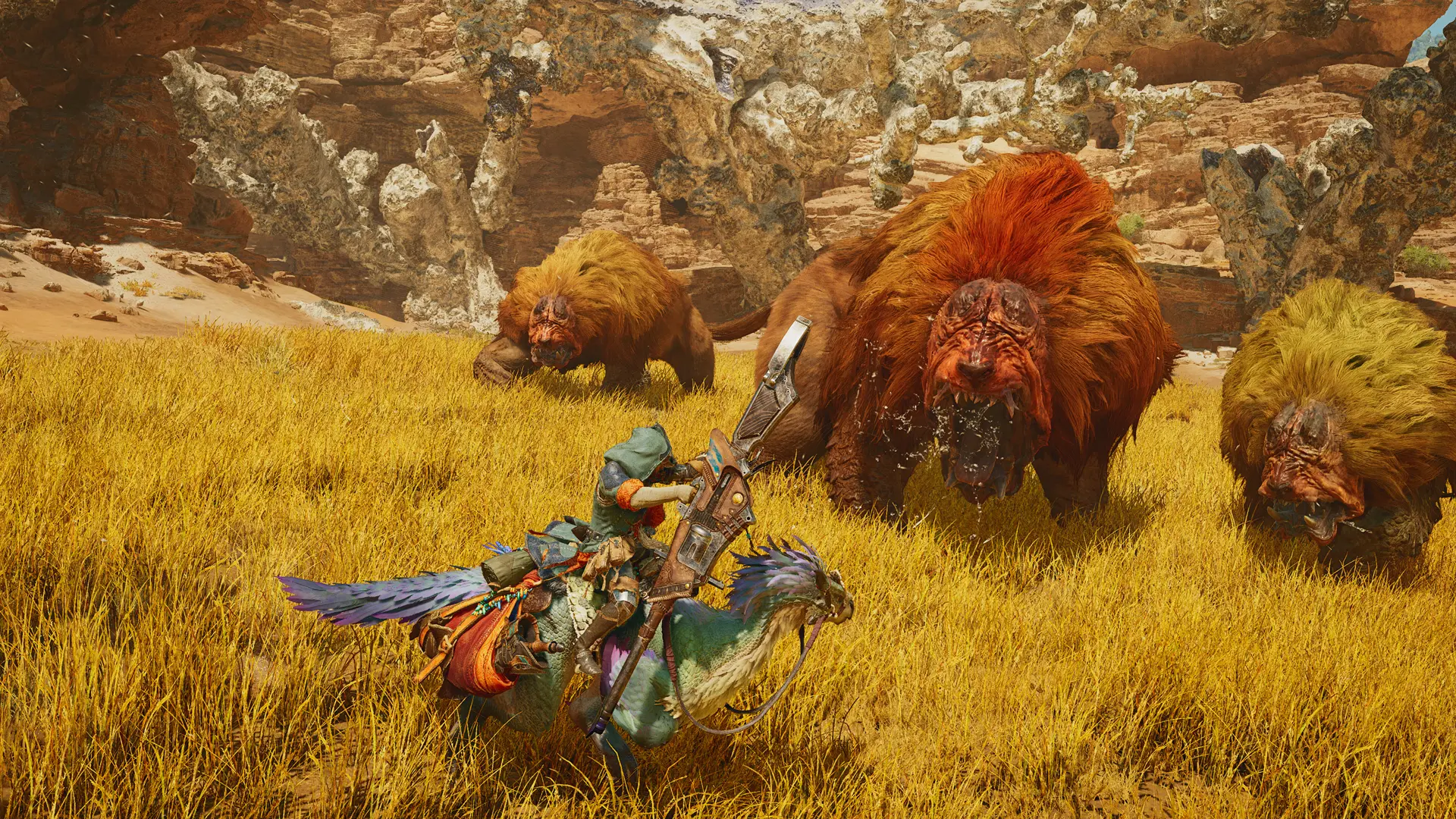 A hunter rides their Seikret near a pack of Doshaguma in Monster Hunter Wilds