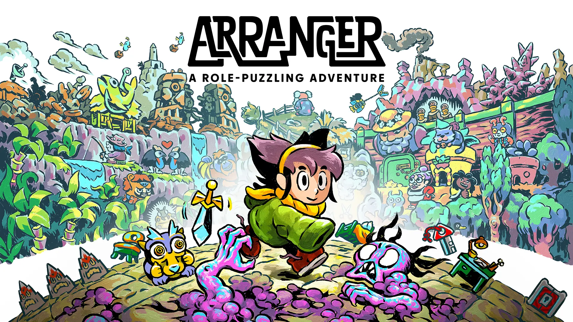 Young girl in a green coat and red pants walks through a colorful environment full of odd creatures. The Arranger: A Role-Puzzling Adventure logo is centered at top.