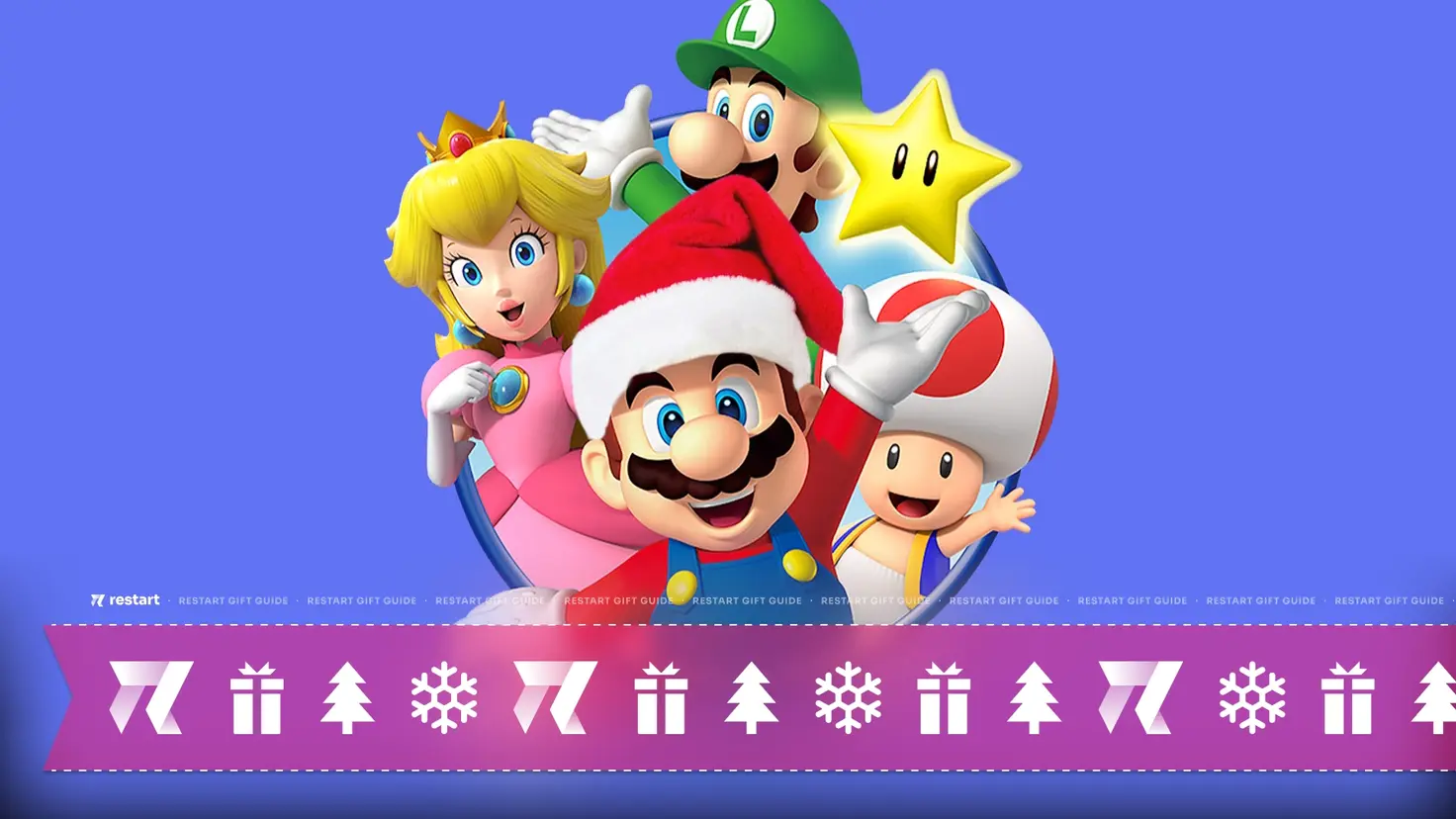 Mario, Princess Peach, Luigi, and Toad appear from a central circle. Mario holds up a star and has been edited to wear a santa hat